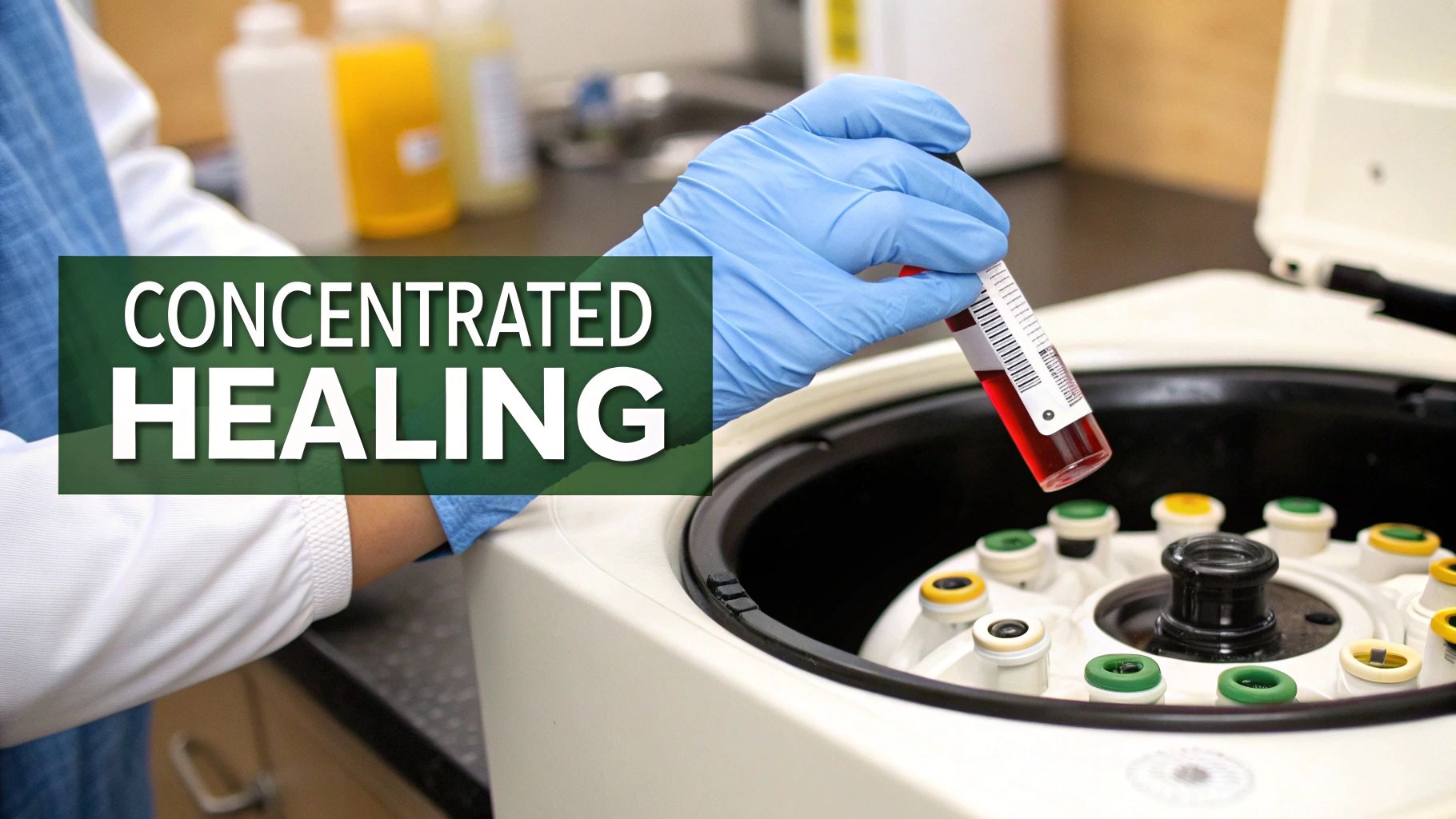 A gloved hand places a red liquid filled test tube into a laboratory centrifuge.