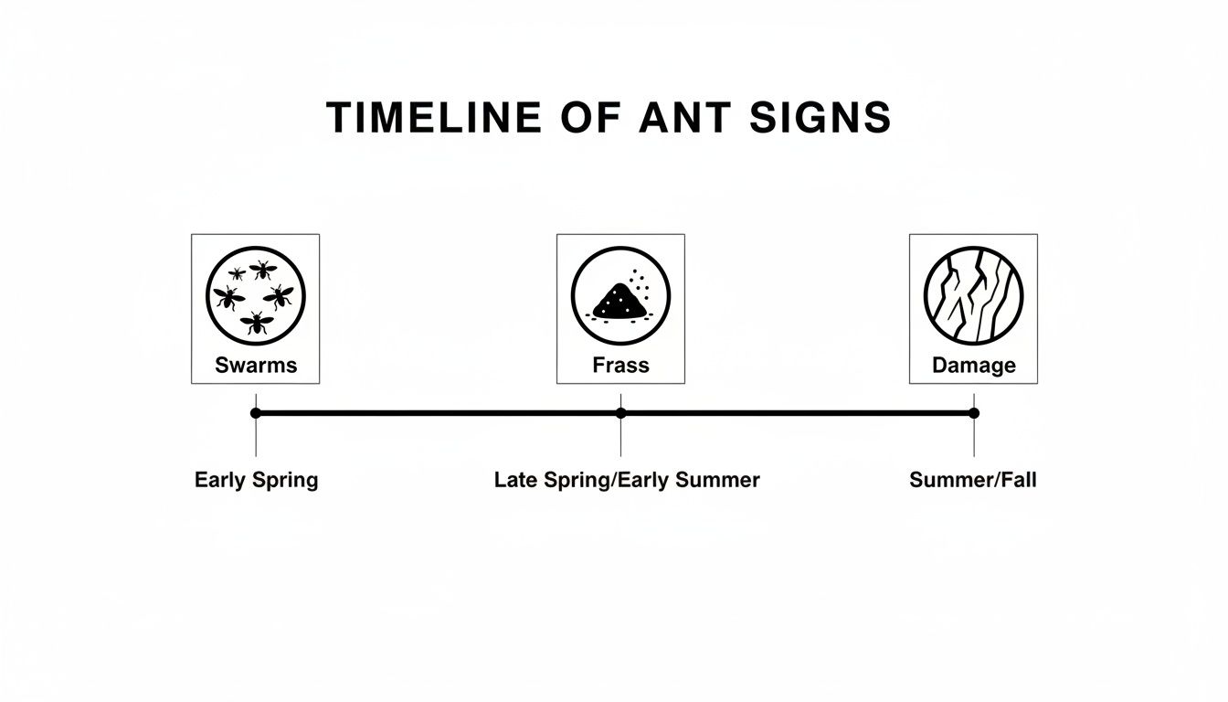 A timeline illustrating ant infestation signs: swarms in early spring, frass in late spring/early summer, and damage in summer/fall.