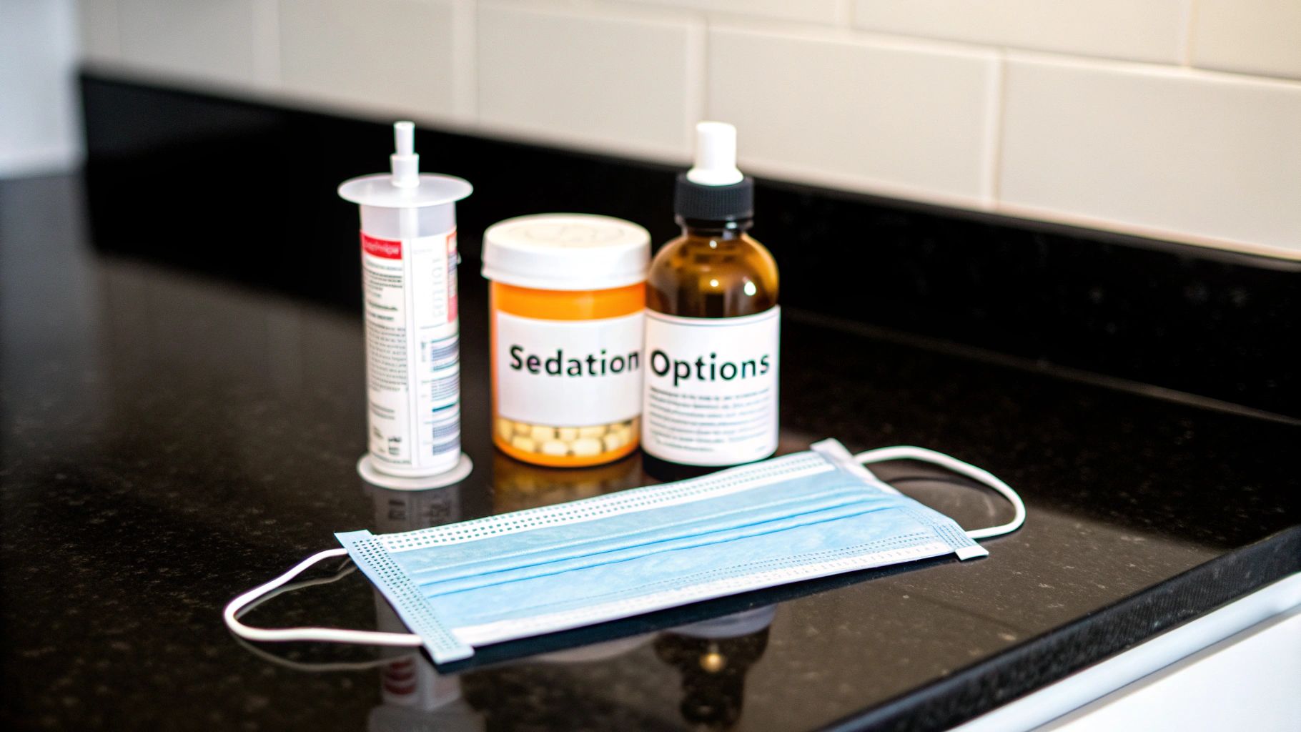 Medical supplies including a syringe, a pill bottle, a liquid bottle, and a face mask on a black countertop.