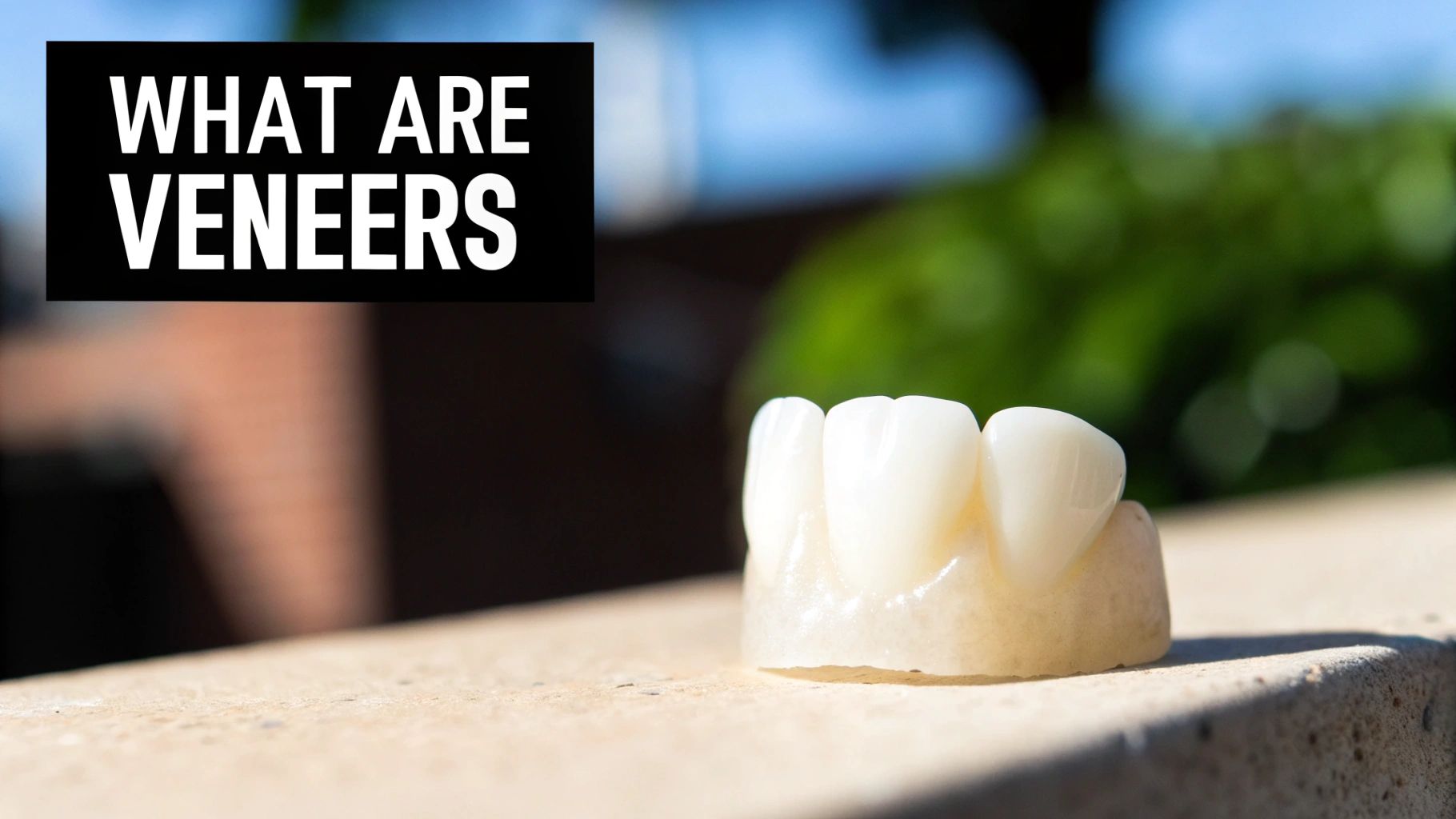 A close-up of three white dental veneers on a model, with text 'WHAT ARE VENEERS'.