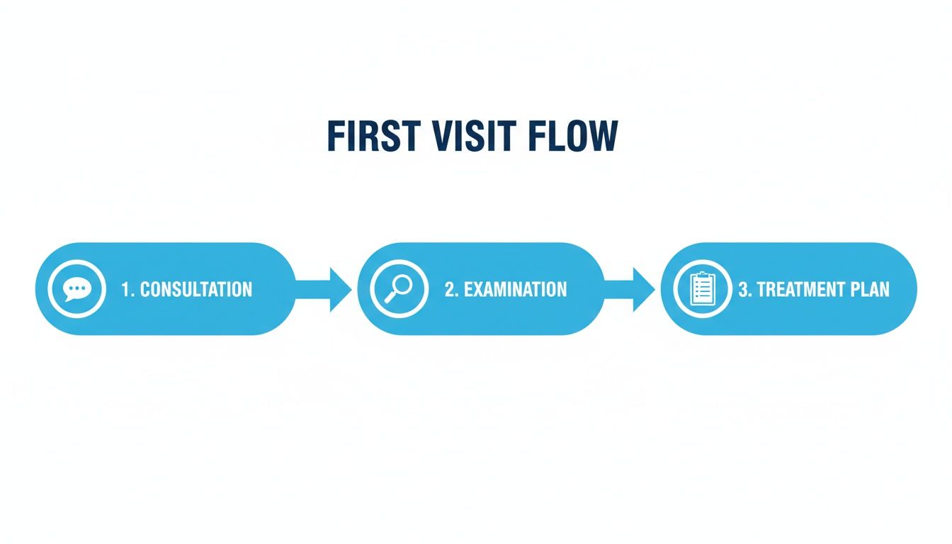 Flowchart illustrating the three steps of a first visit: consultation, examination, and treatment plan.