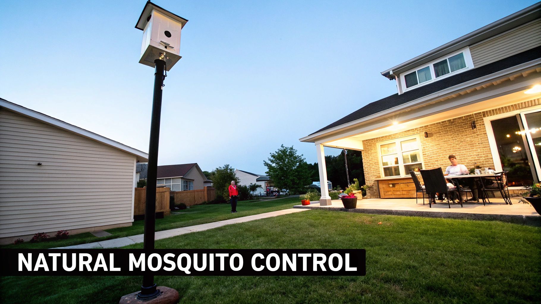 A backyard scene featuring a large bat house on a tall pole for natural mosquito control, with people present.