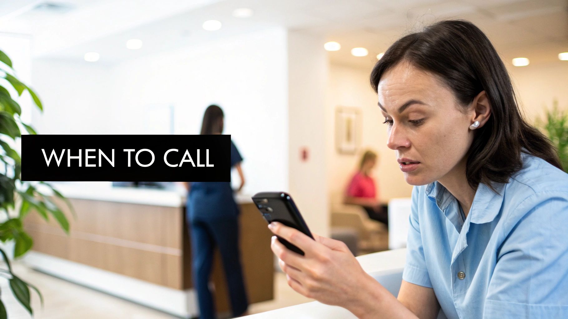 A woman in medical scrubs intently looking at her phone in a clinic waiting area, with 'WHEN TO CALL' text.