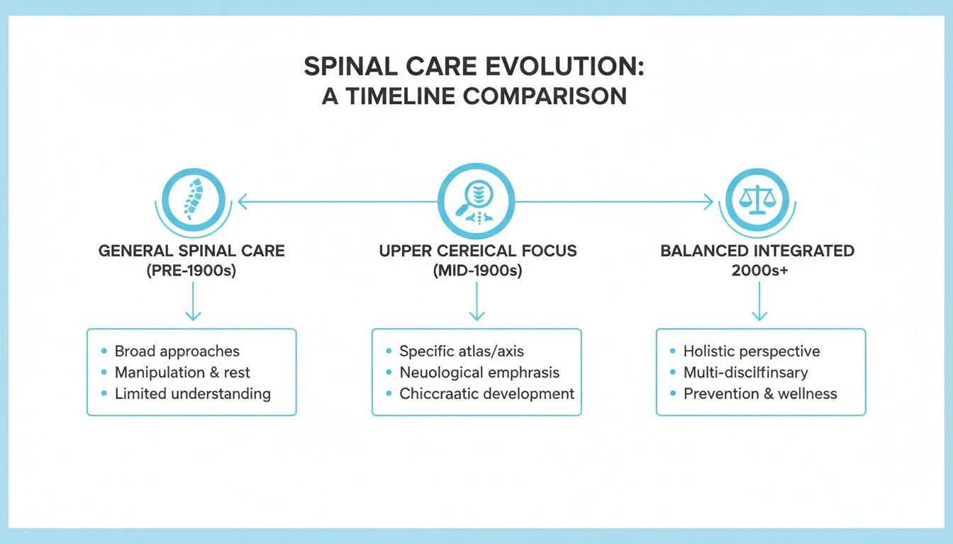 A timeline graphic comparing the evolution of spinal care from general approaches to balanced integrated care.