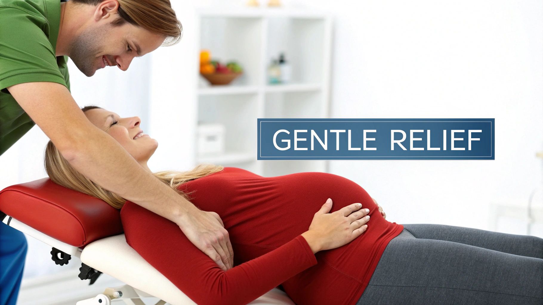 A man gently attends to a smiling pregnant woman lying on an examination table, suggesting relief.