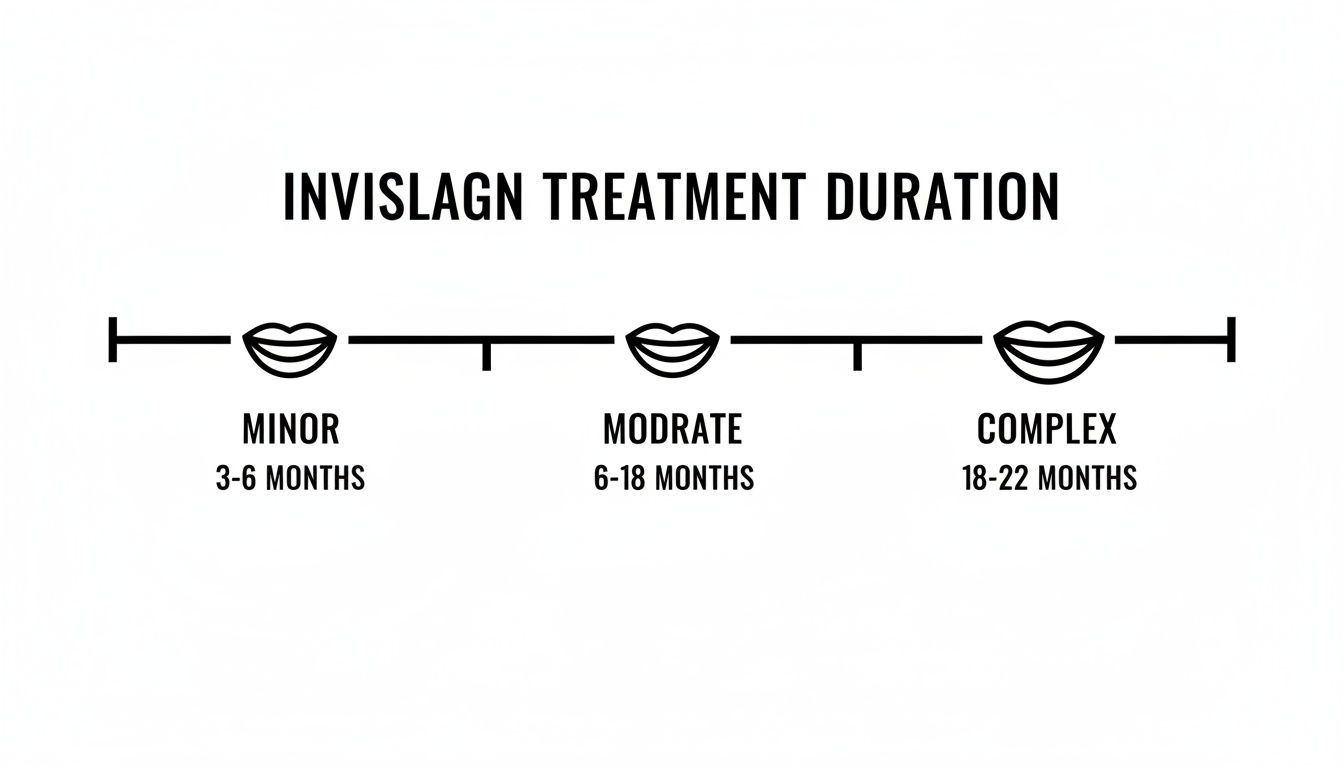 Infographic showing Invisalign treatment durations for minor (3-6 months), moderate (6-18 months), and complex (18-22 months) cases.