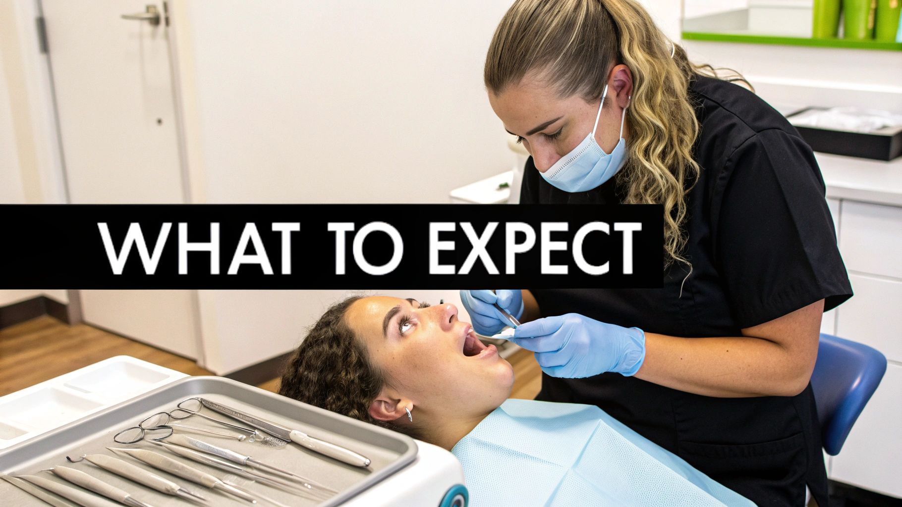A dental professional in a mask and gloves examines a patient's open mouth during a check-up.
