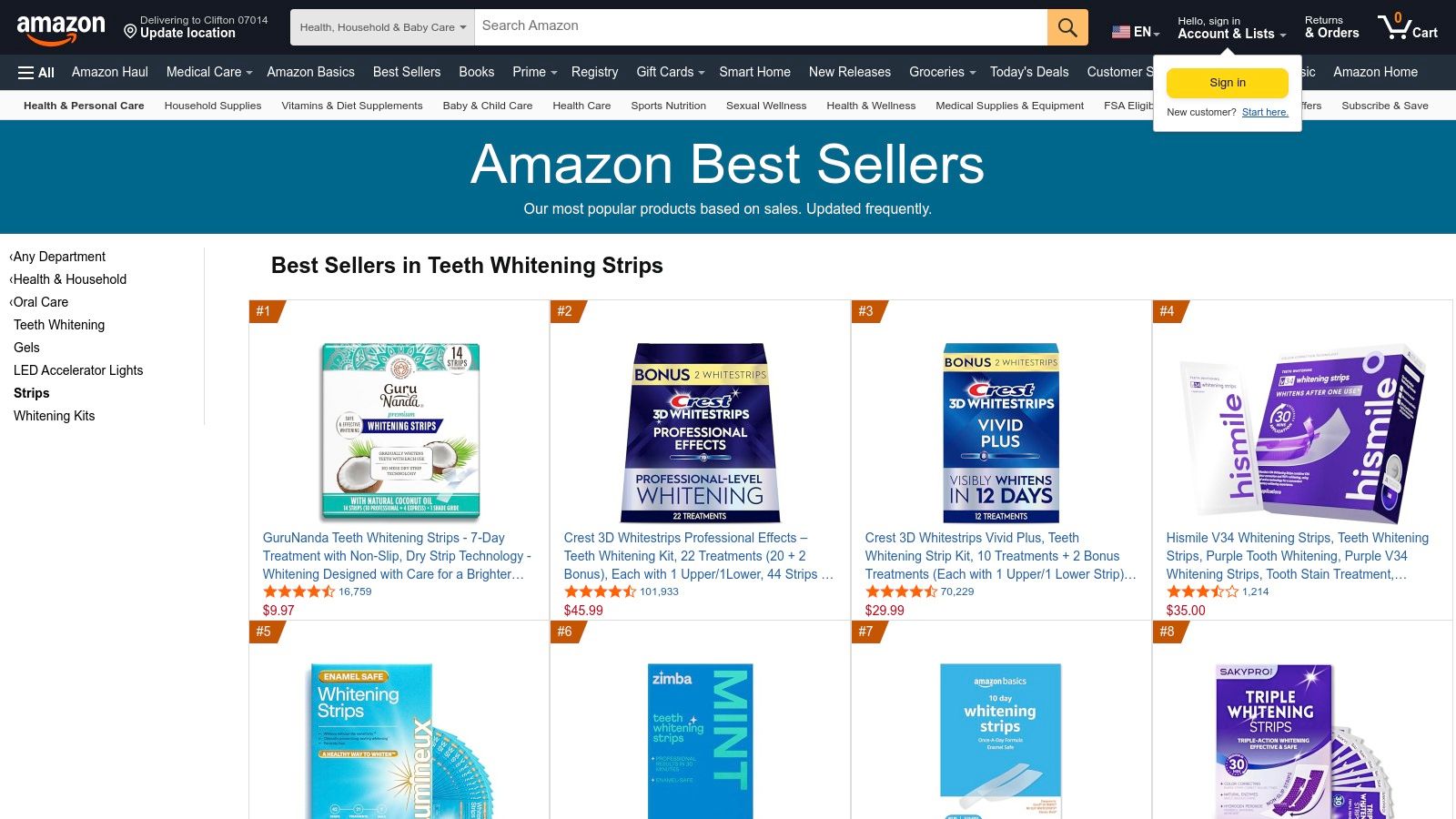 An image showcasing a variety of teeth whitening strips, a popular category on Amazon.