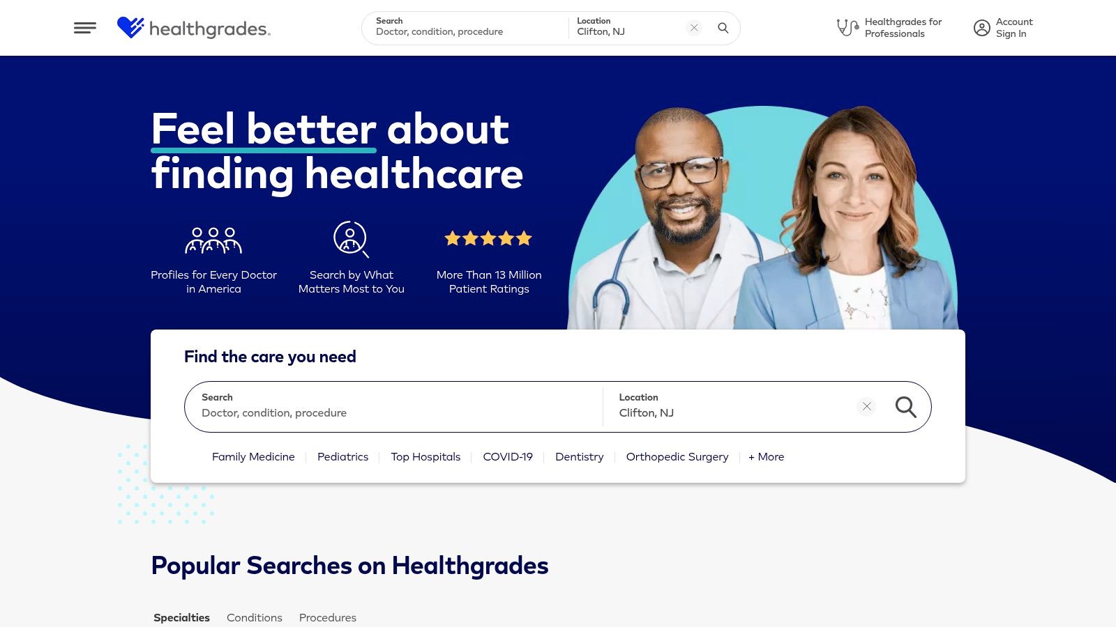 Healthgrades search interface for healthcare providers.