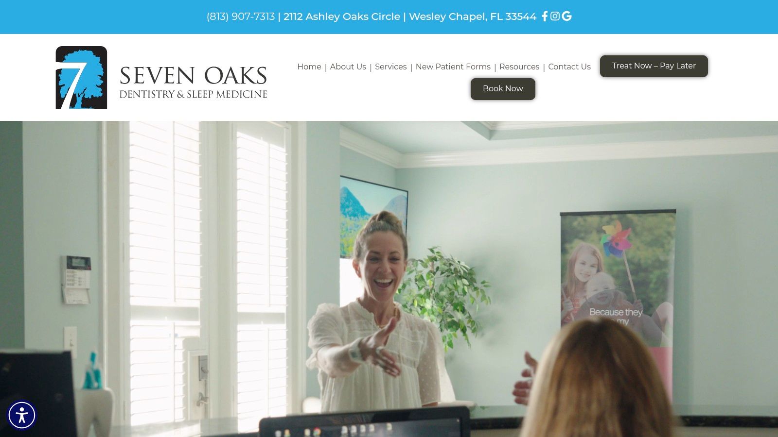 Seven Oaks Dentistry and Sleep Medicine website homepage showing a welcoming office and highlighting their comprehensive services.