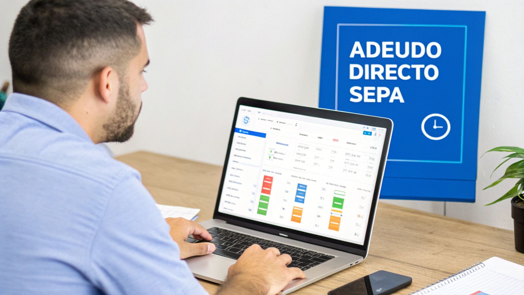 Person working on a laptop with a management screen, in front of a blue sign reading 'SEPA DIRECT DEBIT'.