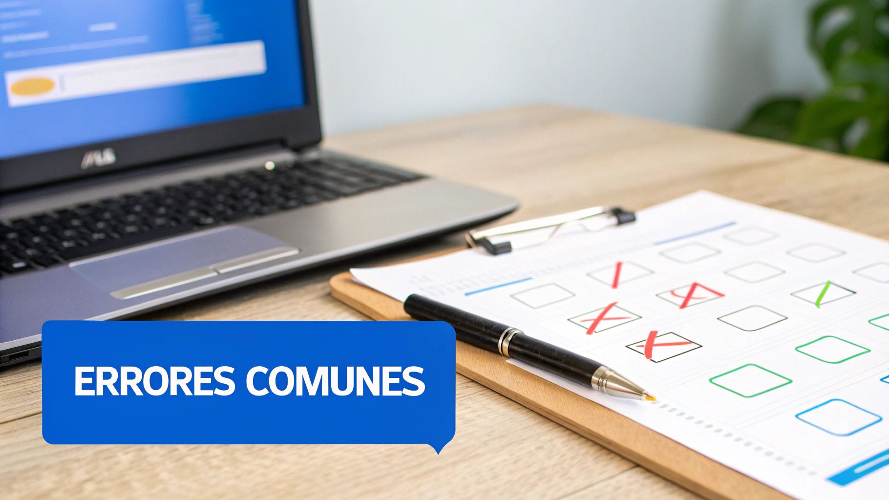 Open laptop next to a clipboard with a checklist showing common errors.