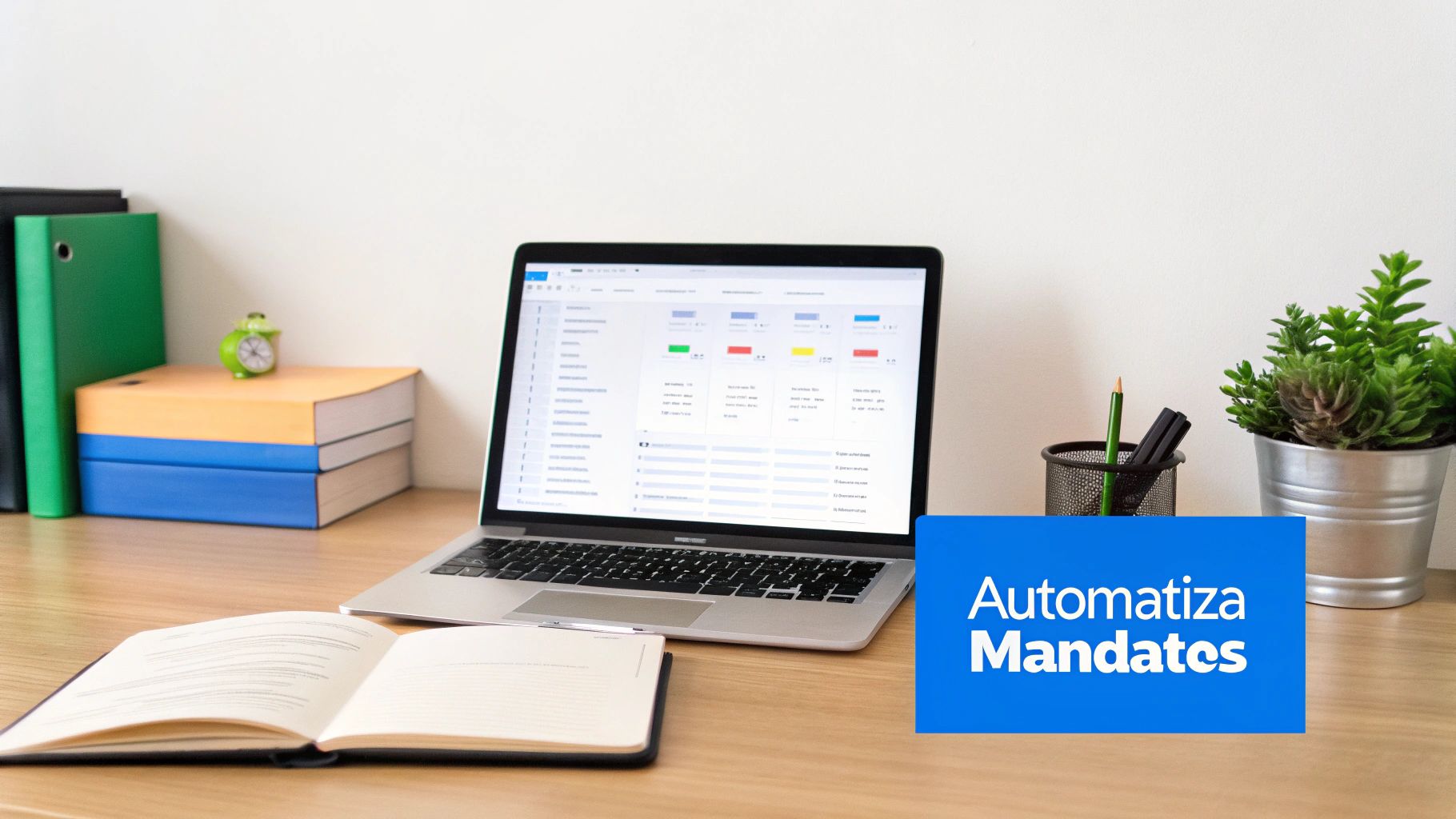 Escritorio ordenado con portátil mostrando software de gestión, cuaderno abierto, libros y una planta. Un letrero azul dice 'Automatiza Mandatos'.