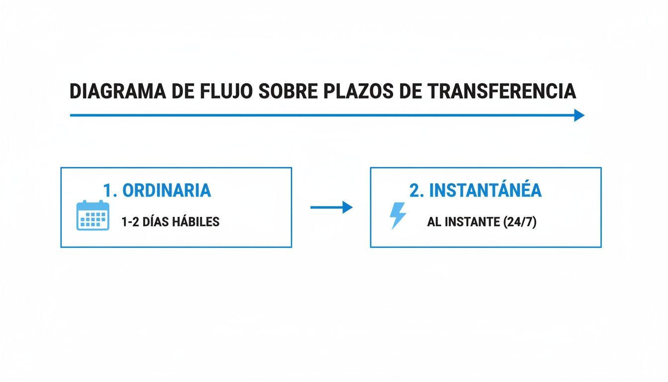 Flow diagram illustrating timelines for ordinary (1-2 business days) and instant (24/7) bank transfers.