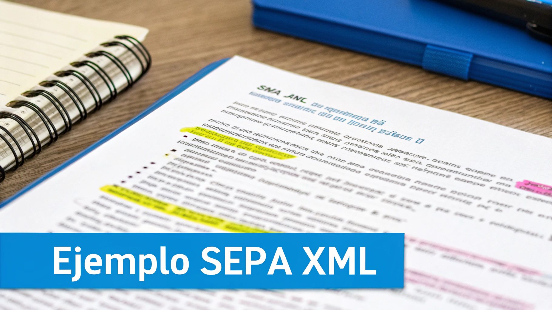 Document with highlighted text and a banner saying 'SEPA XML Example', along with a notebook and folder.