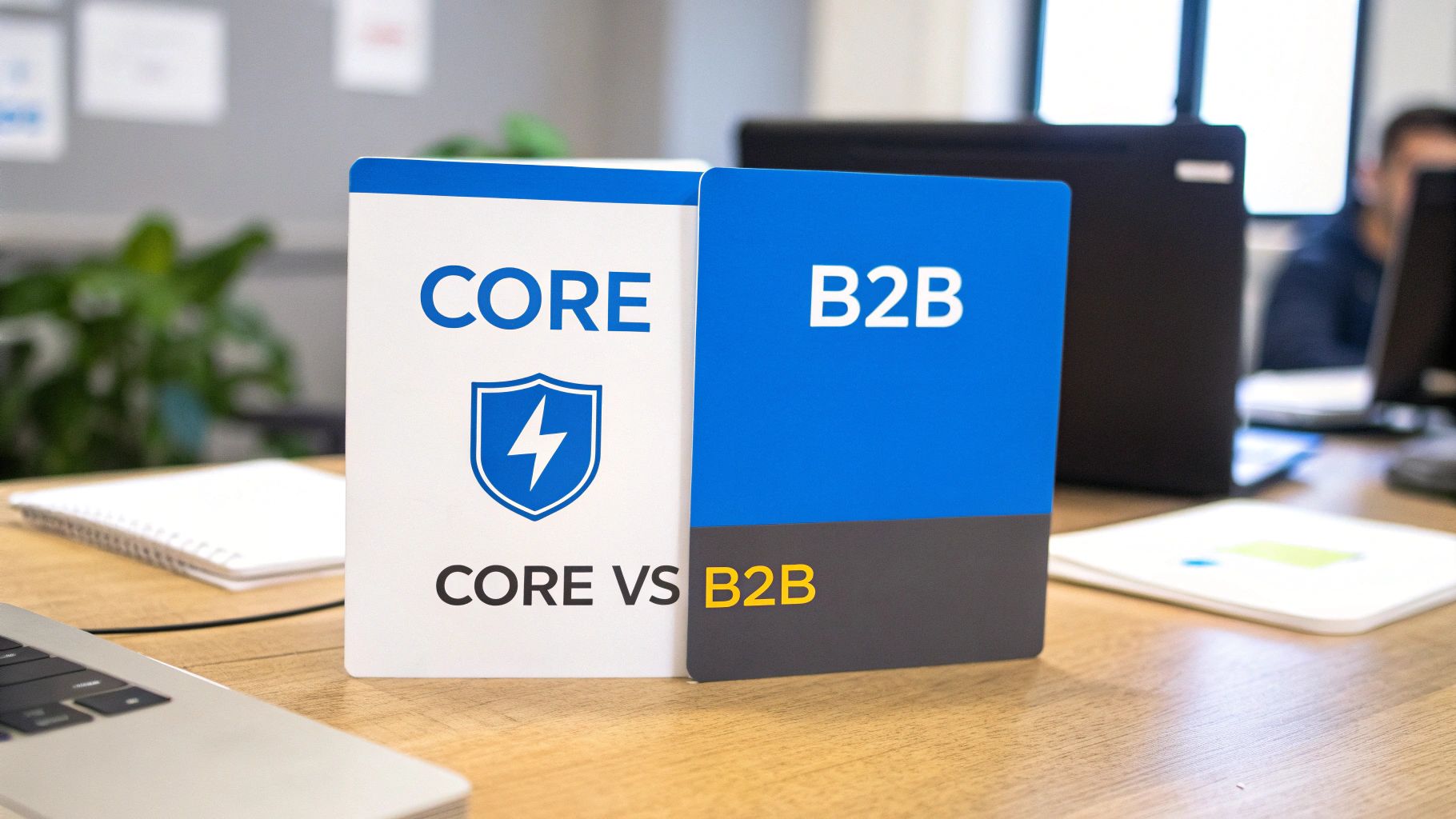 Dos letreros en un escritorio de oficina, uno con "CORE" y otro con "B2B", simbolizando una comparación empresarial.