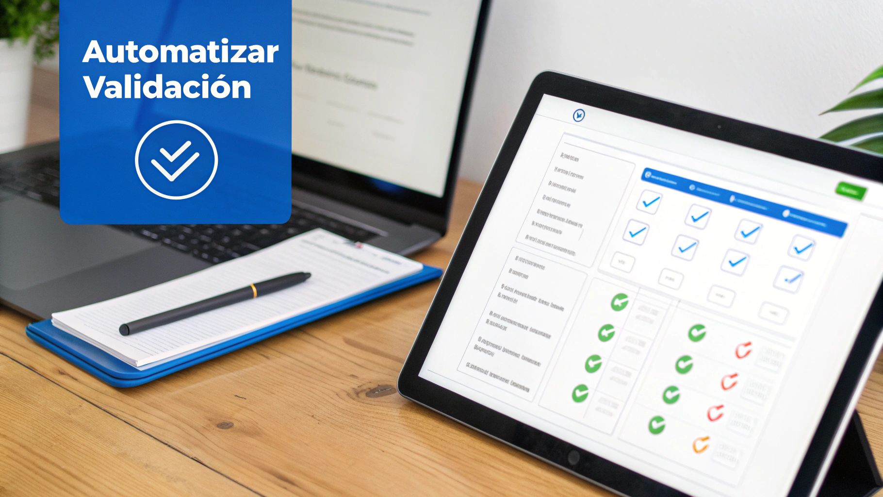 Automate validation with digital system on tablet and laptop on wooden desk.