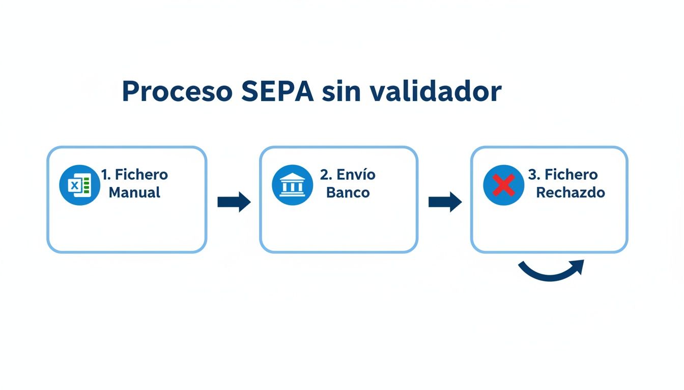 Flow diagram of the manual SEPA process without a validator, showing creation, bank submission and file rejection.