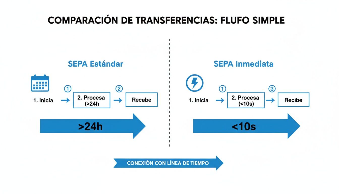 Diagram comparing SEPA Standard (>24h) and Immediate (<10s) transfer flow for accessibility.