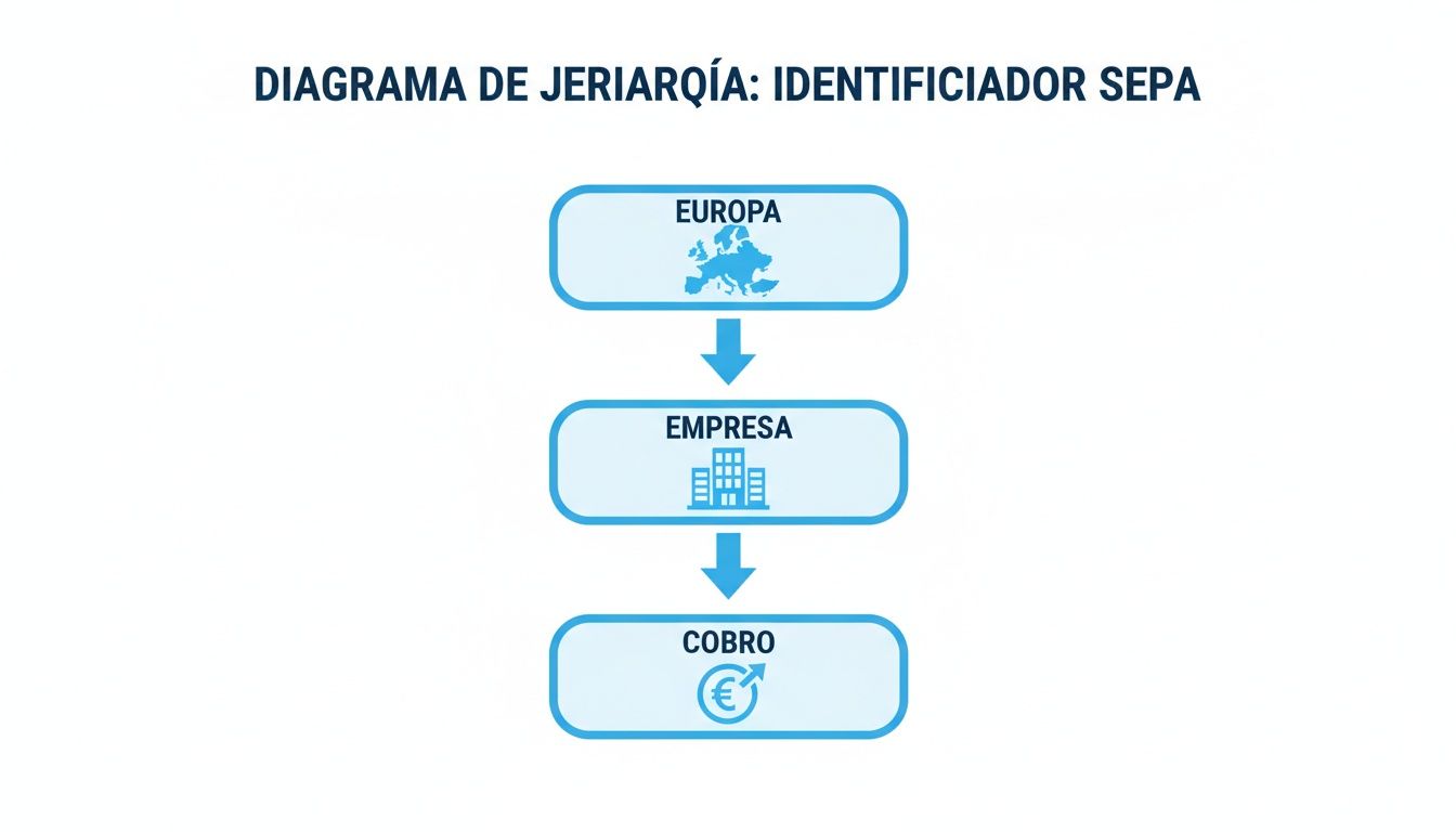 Diagrama de jerarquía del identificador SEPA mostrando Europa, Empresa y Cobro en un flujo descendente.