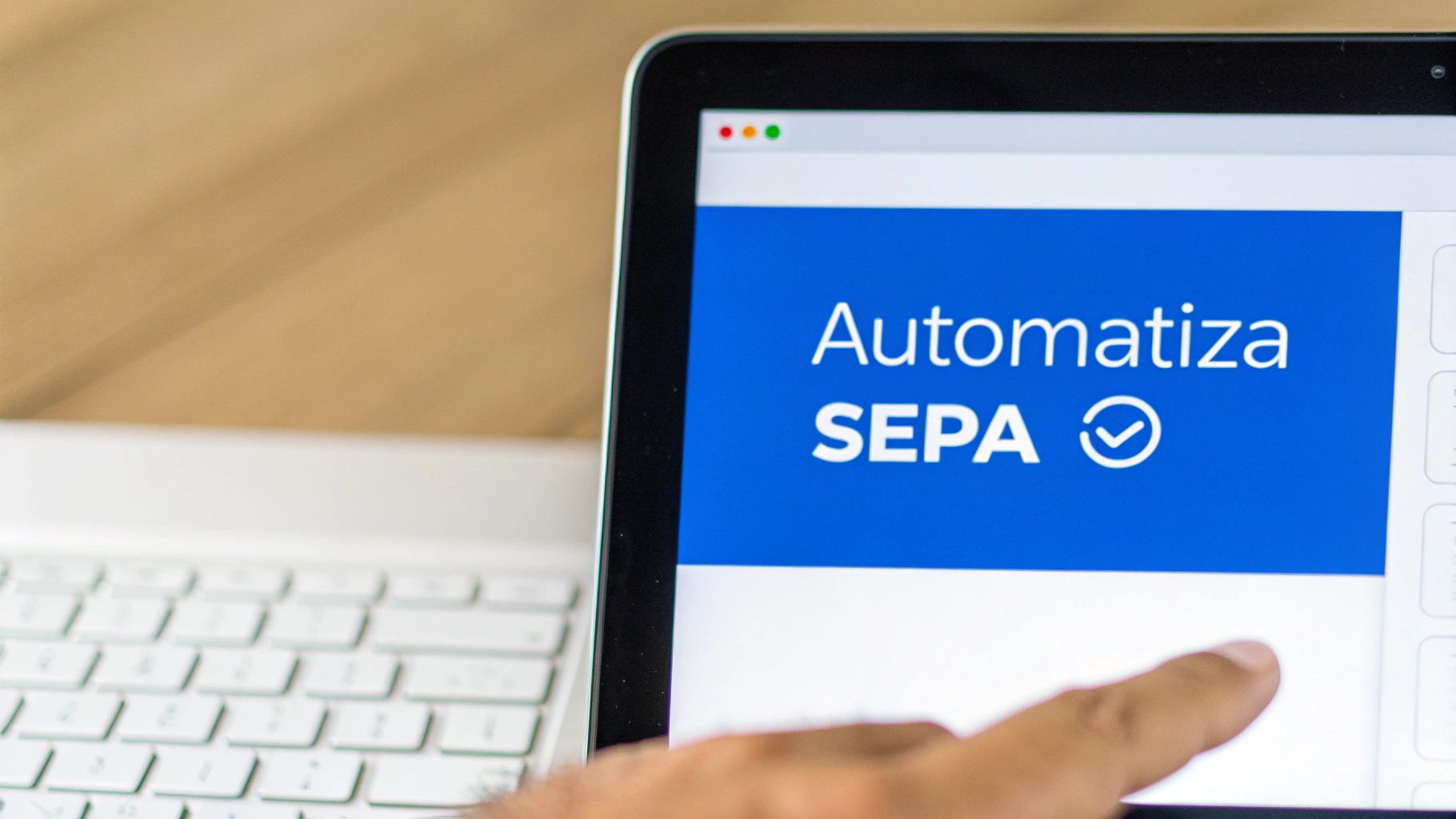 Hand interacting with a laptop screen showing 'Automate SEPA' text and a check icon.