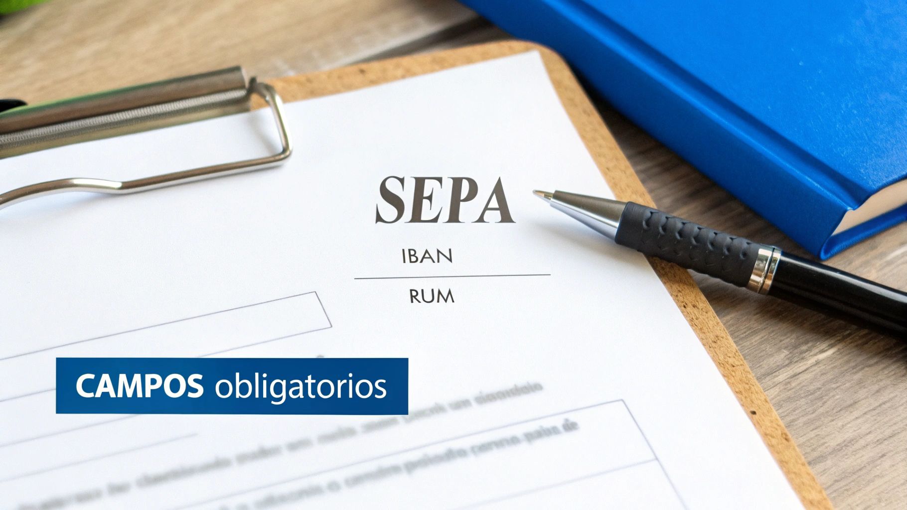 Documento SEPA en un portapapeles con campos para IBAN y RUM, junto a un bolígrafo y un cuaderno azul.