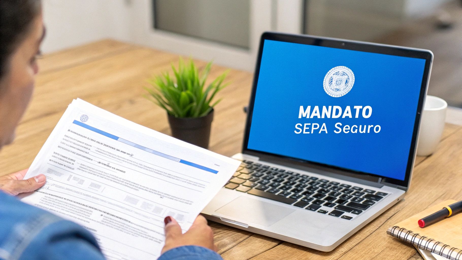 Persona revisando un documento de mandato SEPA con un portátil en un escritorio de madera.