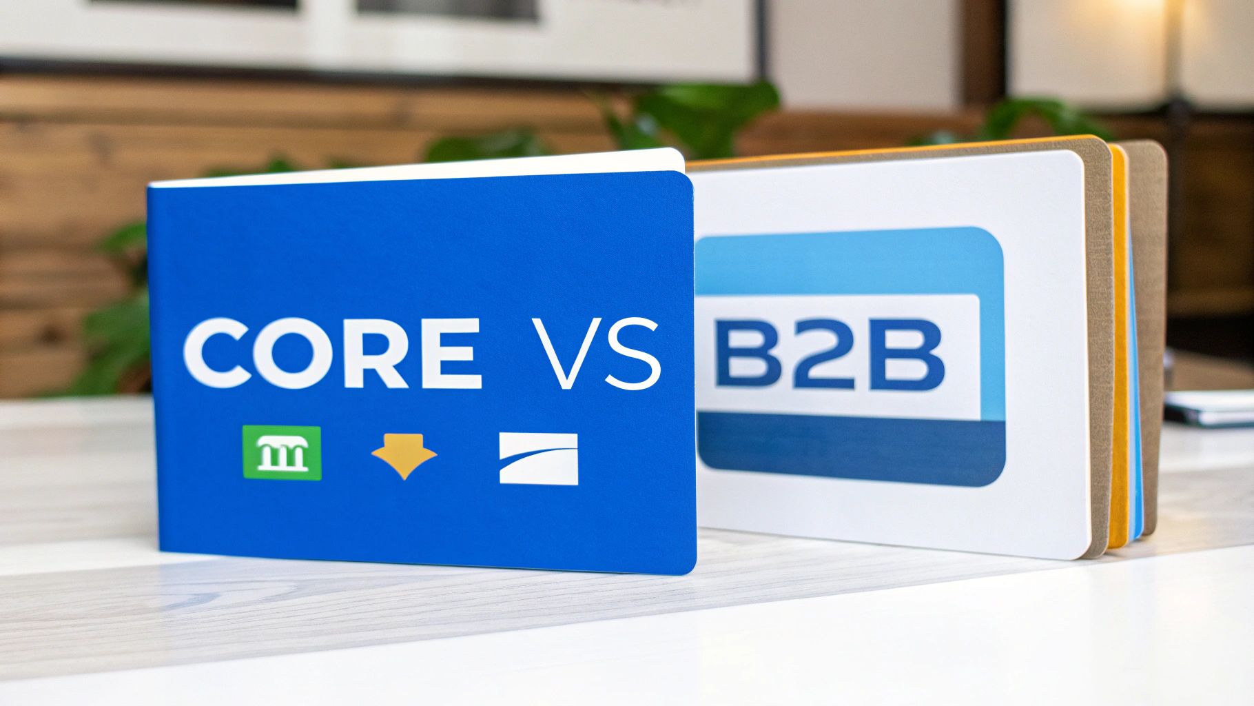Two blue and white brochures on a table, one comparing 'CORE VS' and the other 'B2B'.