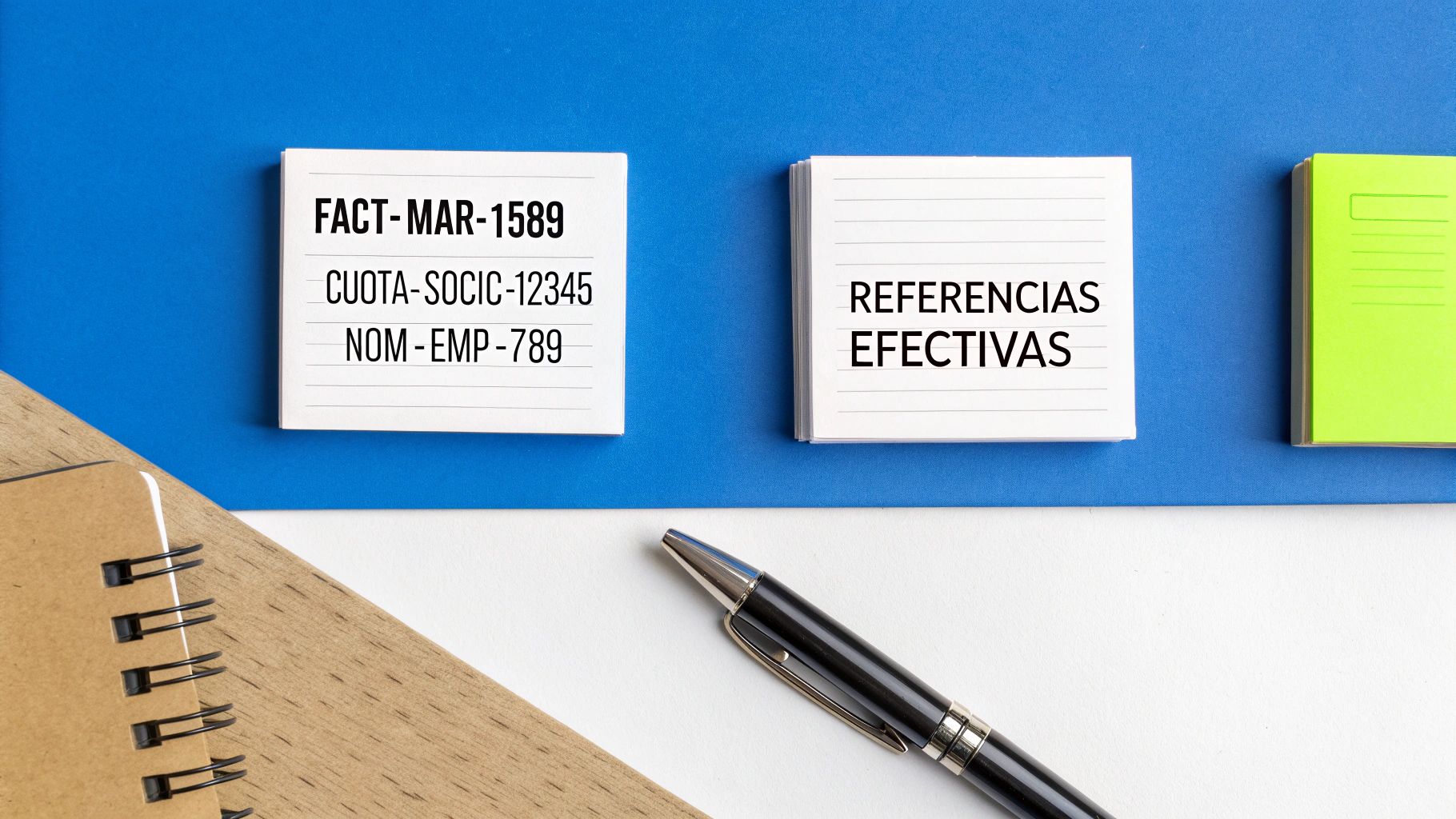 Apuntes sobre facturas, cuotas y referencias efectivas en blocs de notas, con un bolígrafo y cuaderno.