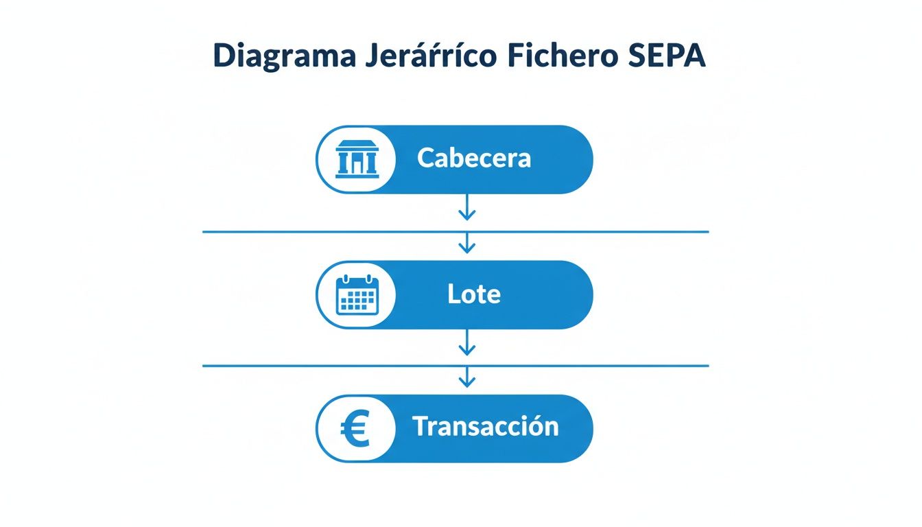 Diagrama jerárquico que muestra la estructura de un fichero SEPA: Cabecera, Lote y Transacción.