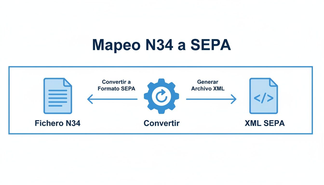 Flow diagram showing the conversion of an N34 File to a SEPA XML file.