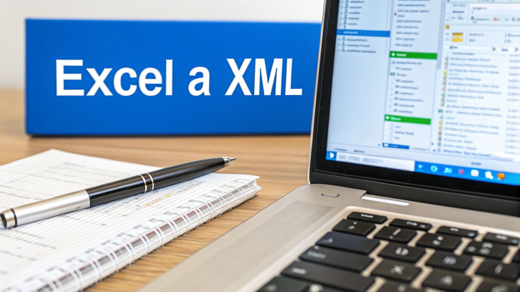 A desk with a laptop, notebook and pen, and a blue sign reading 'Excel to XML'.