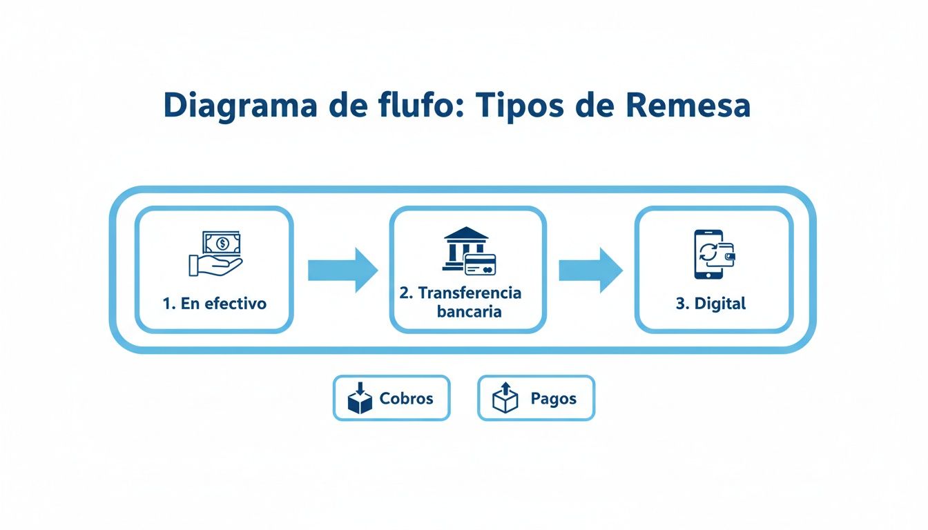 Flow diagram illustrating the three main types of remittance: cash, bank transfer, and digital, with collection and payment options.