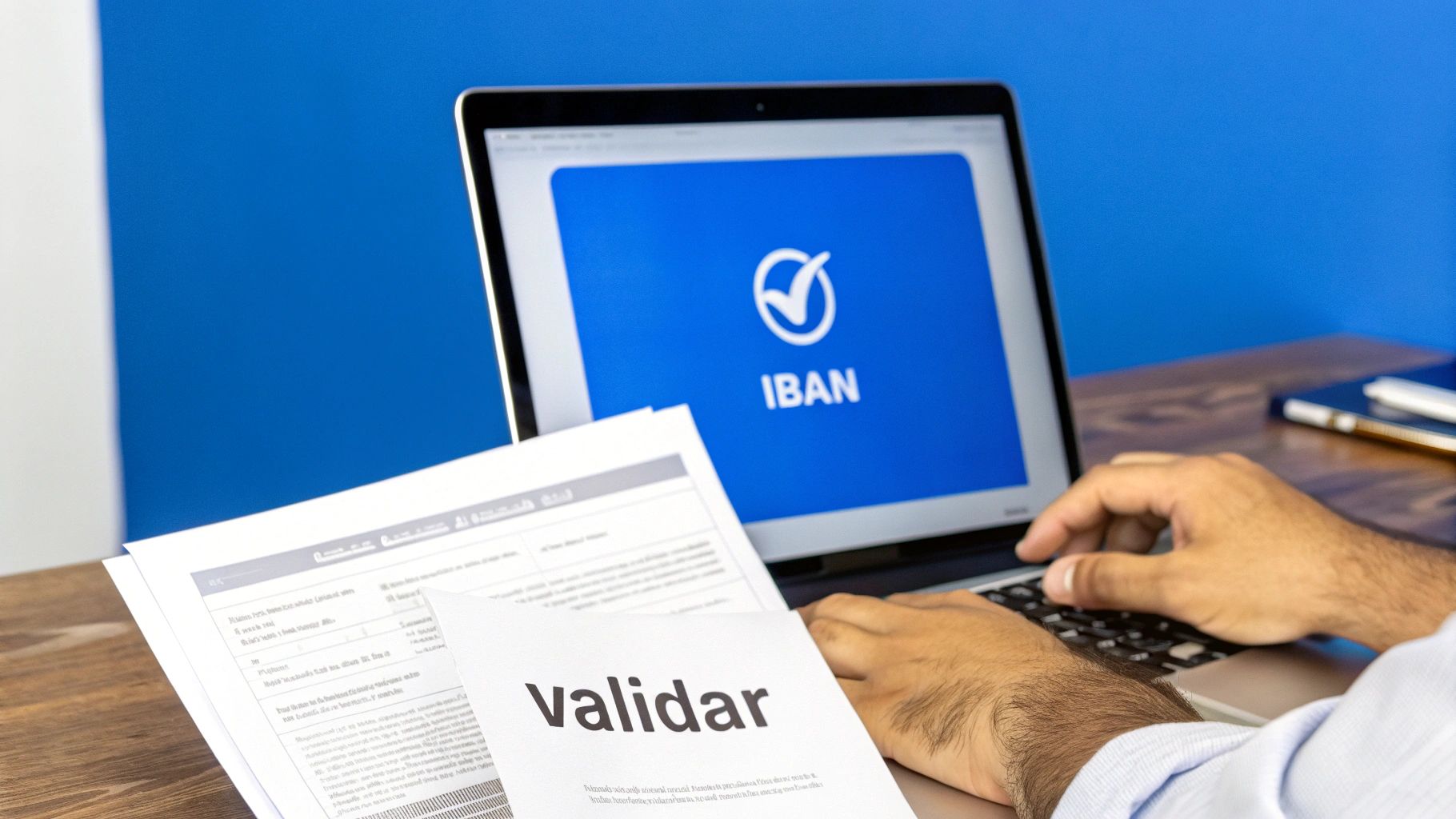 Person validating IBAN information on a laptop, with documents and a pen on the desk.