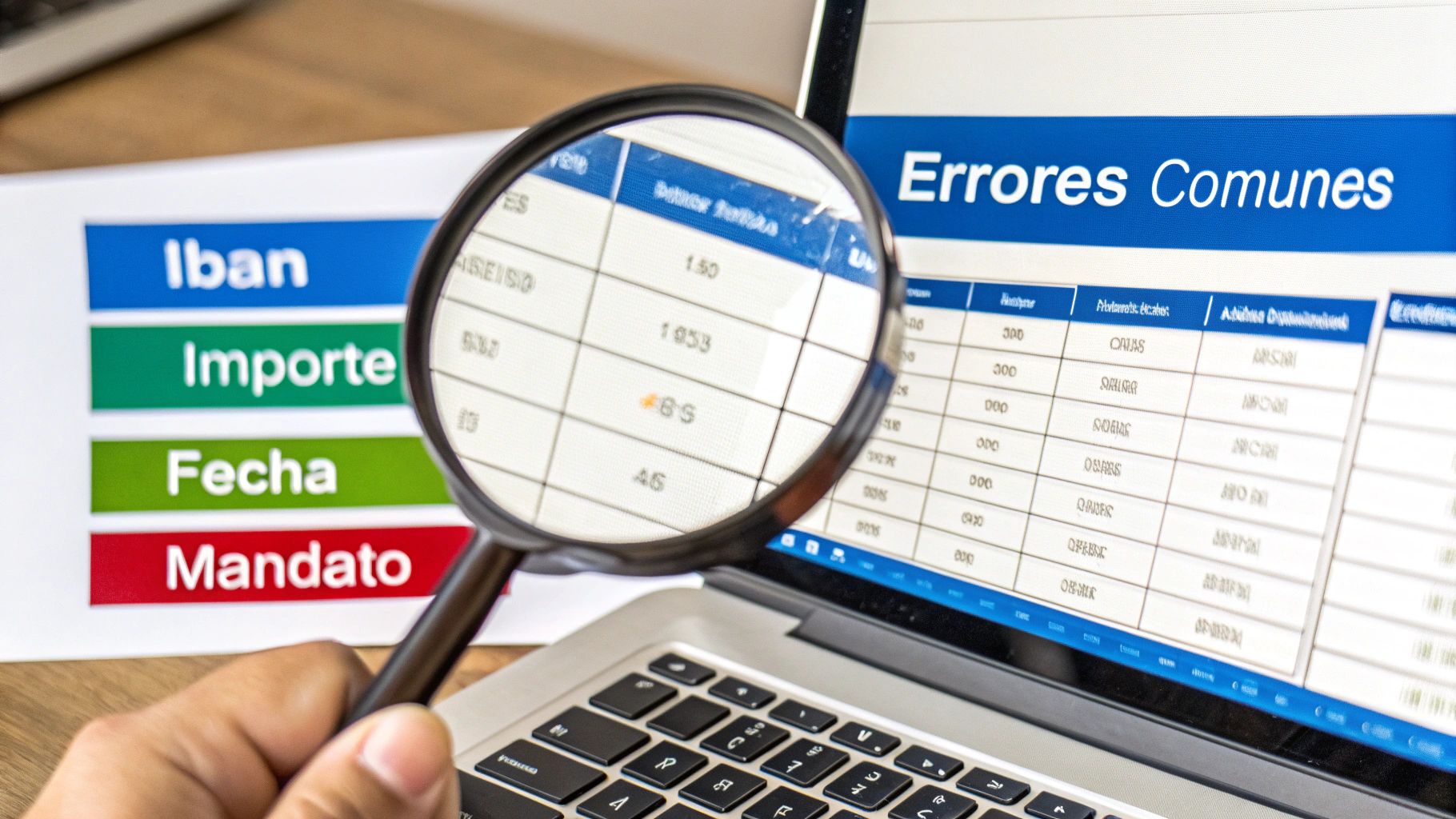 Hand with magnifying glass analysing IBAN, amount and date data on a laptop.