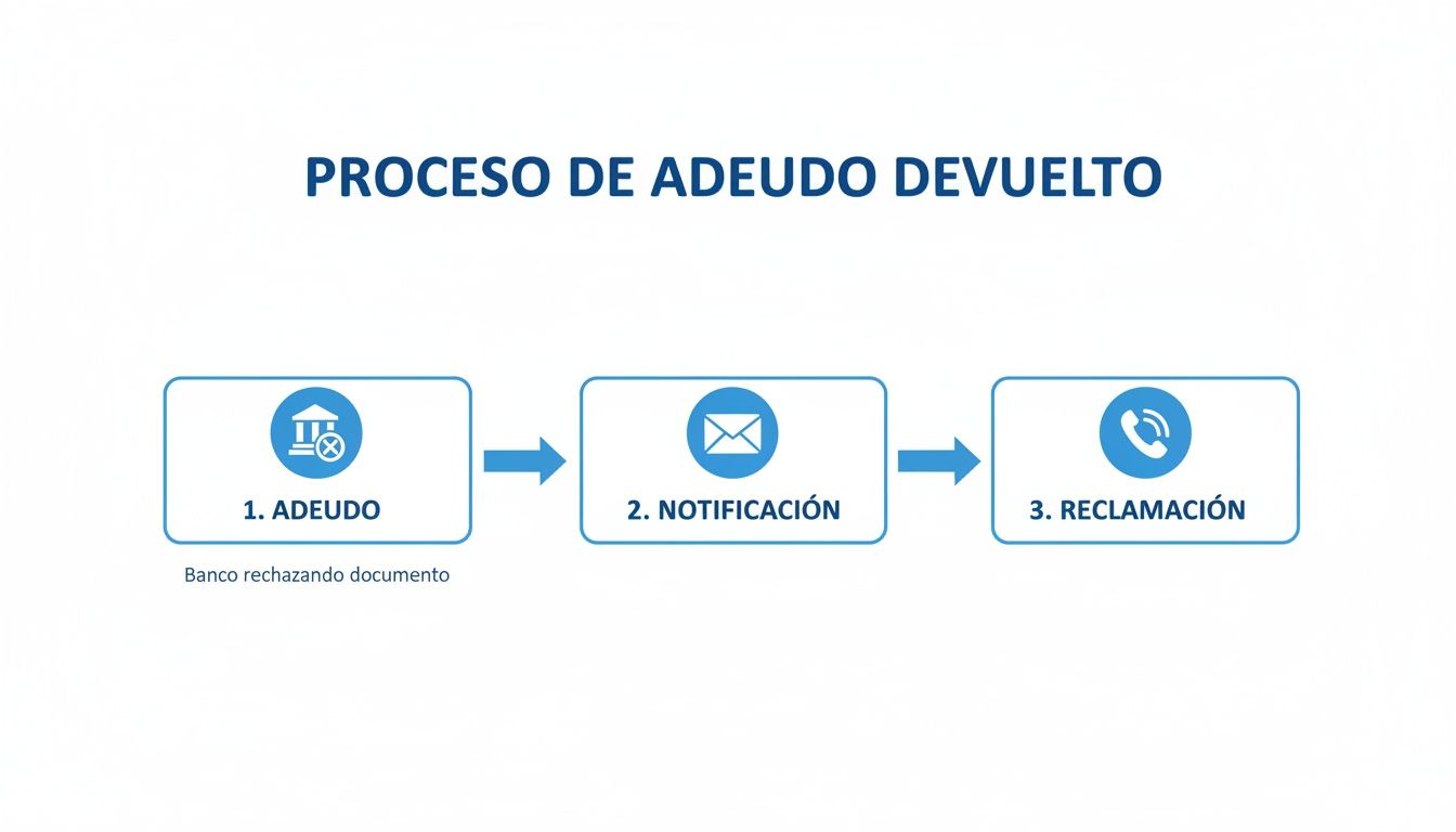 Flujo de proceso de deuda devuelta: el banco rechaza el documento, seguido de notificación y reclamación.