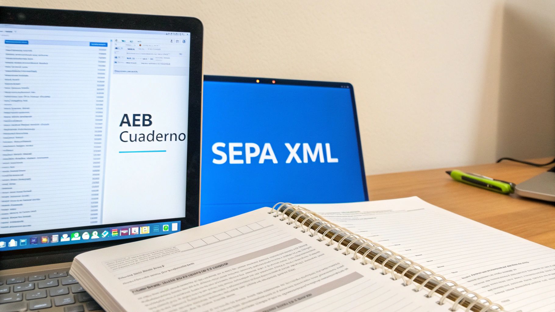 Desk with two laptops showing 'AEB Notebook' and 'SEPA XML', along with a notebook and pen.