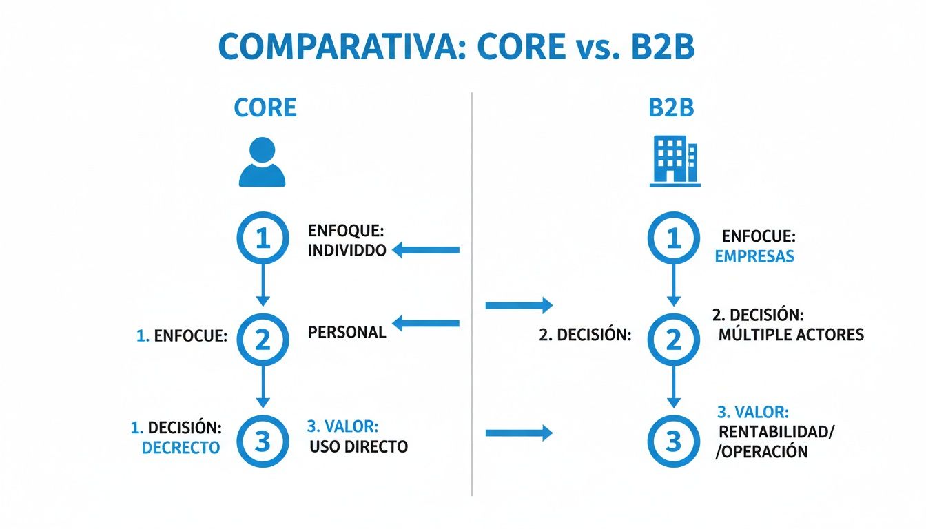 Diagrama comparativo entre enfoque CORE (individuo, personal, uso directo) y B2B (empresas, múltiples actores, rentabilidad).