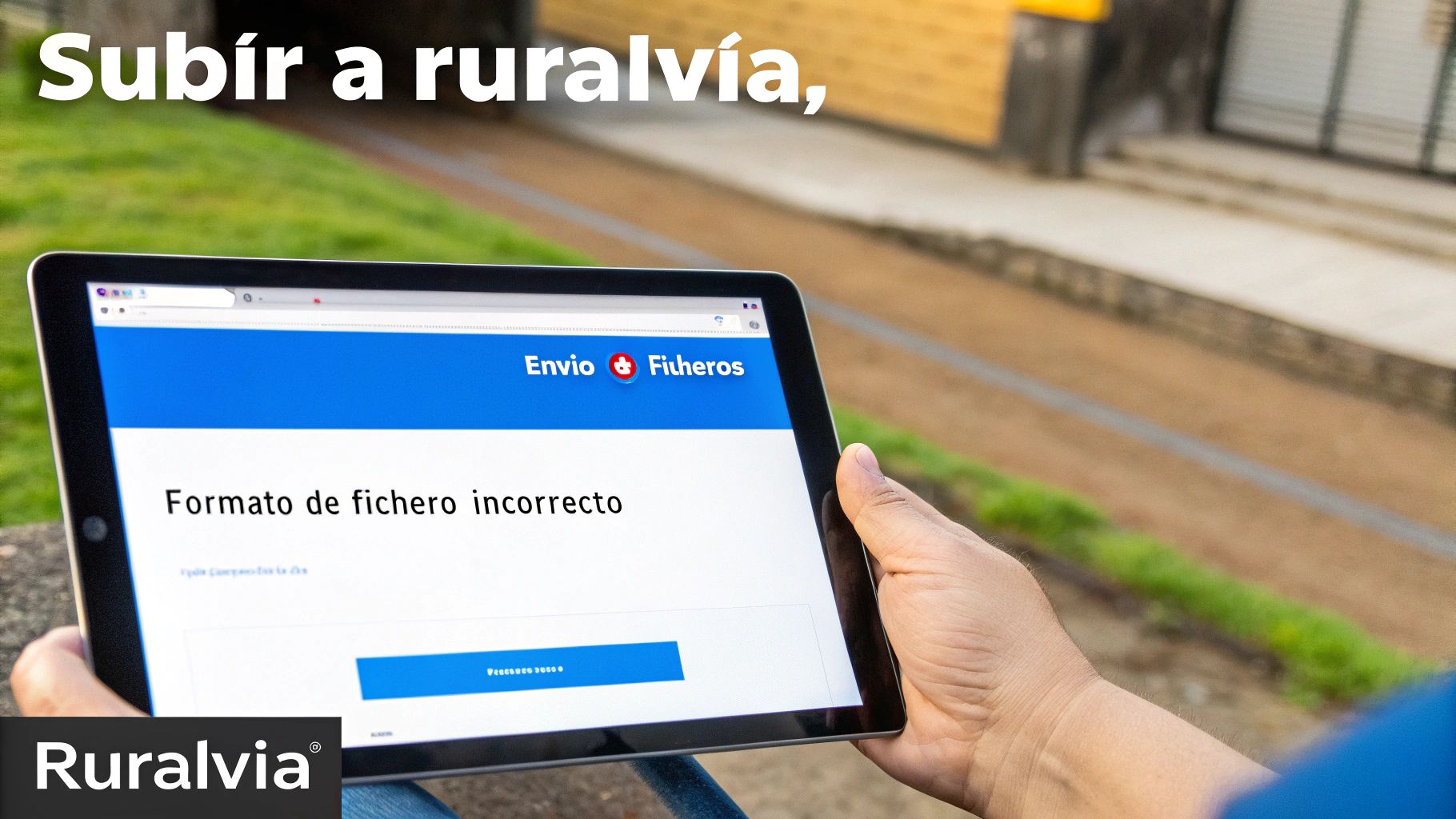 Persona usando una tablet con la aplicación Ruralvía, mostrando un error de formato de fichero.