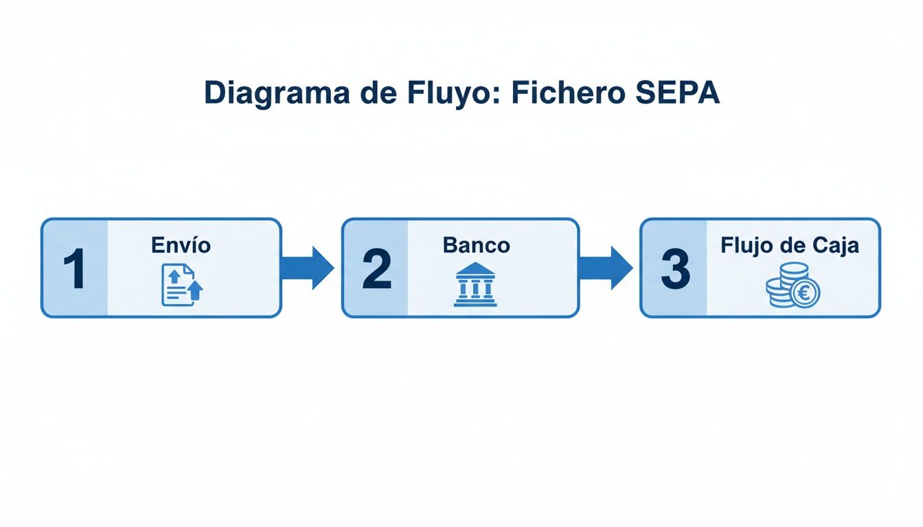 SEPA flowchart showing file submission, bank processing and resulting cash flow.