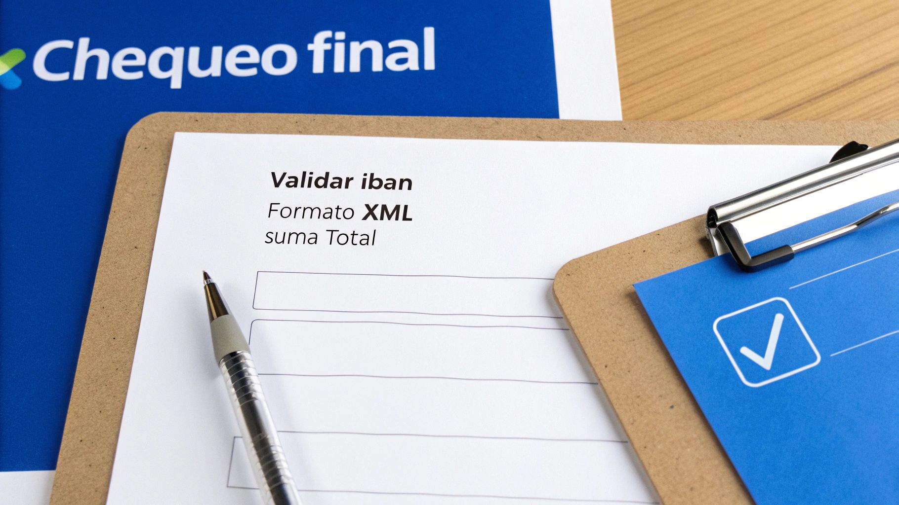 Bank forms for IBAN validation with pen and checklist on wooden table.