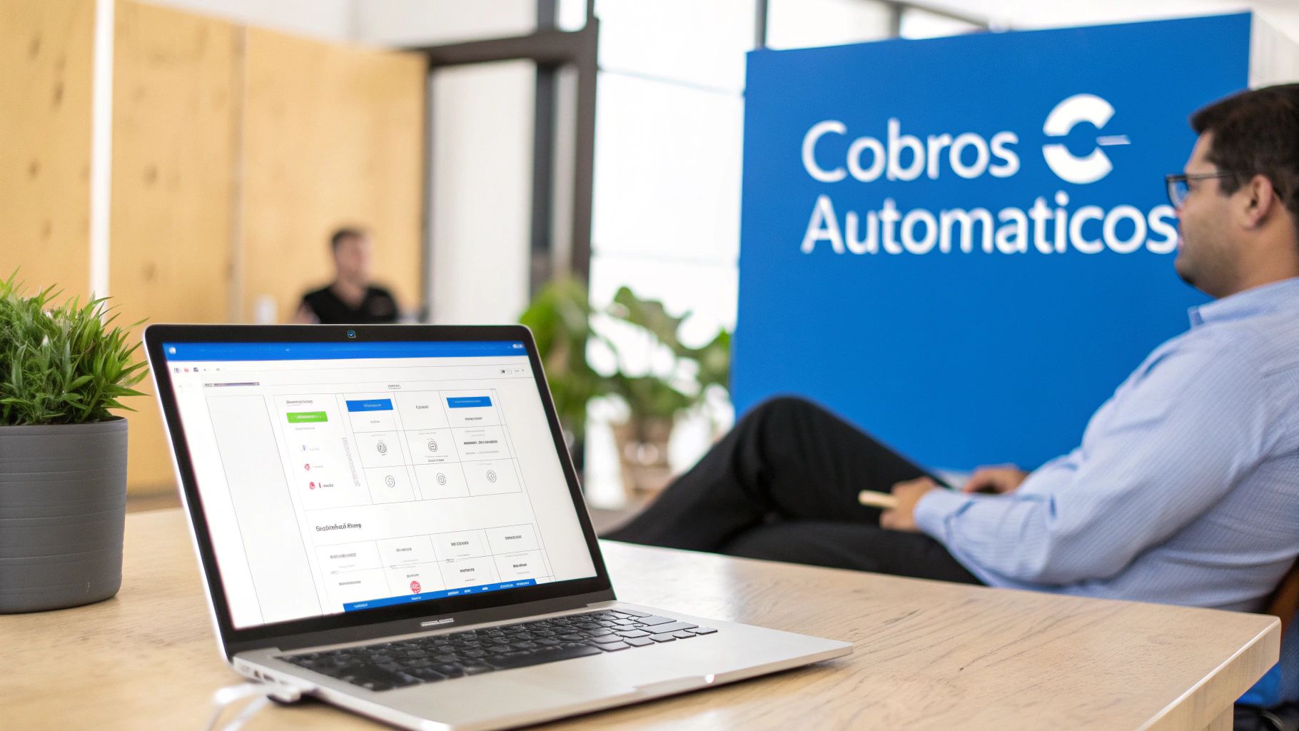 Laptop en un escritorio de madera con planta, mostrando software de pagos automáticos y un logo de Cobros Automaticos.