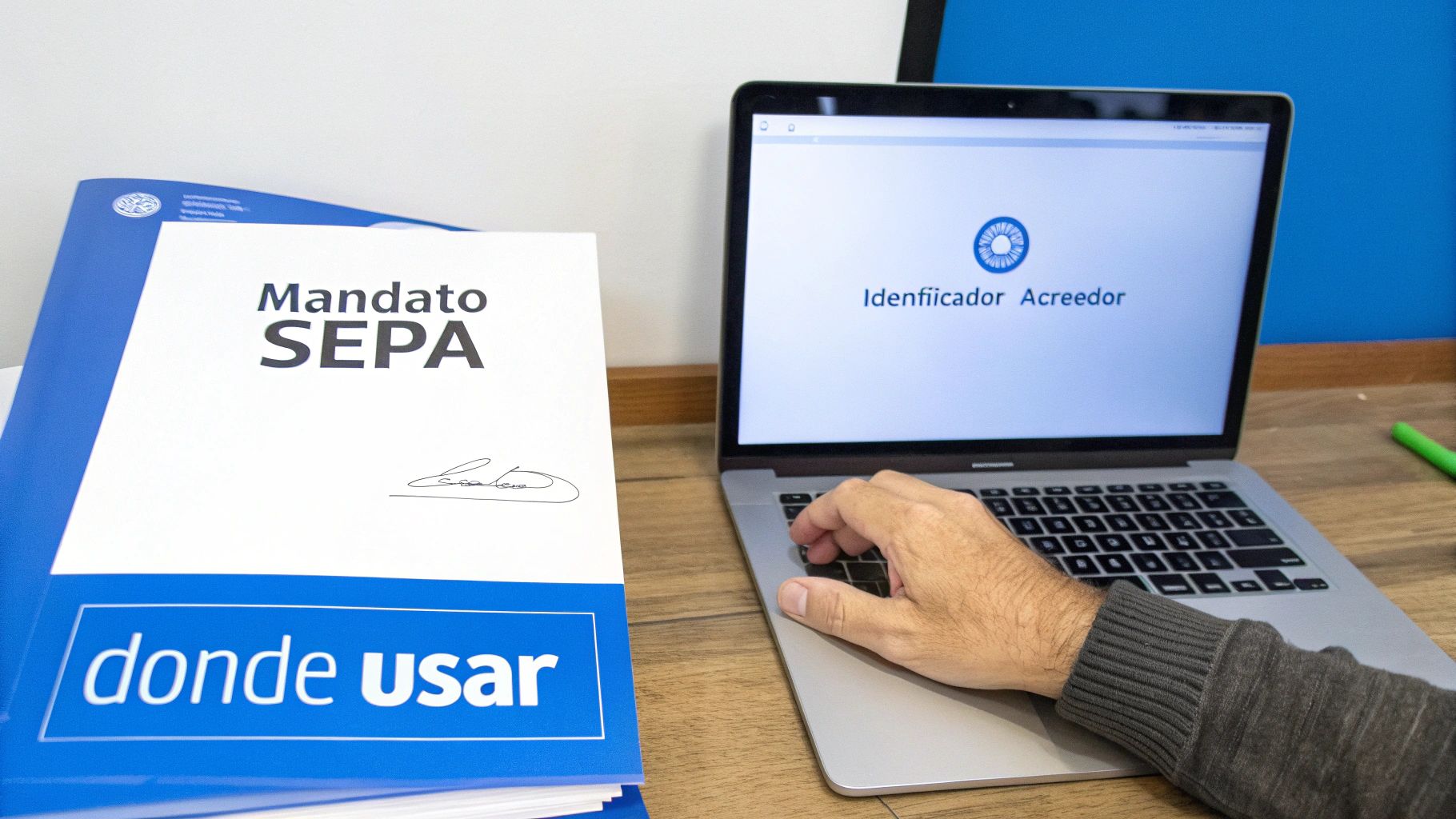 Una persona usa un portátil con una pantalla que muestra 'Identificador Acreedor' junto a un documento 'Mandato SEPA'.