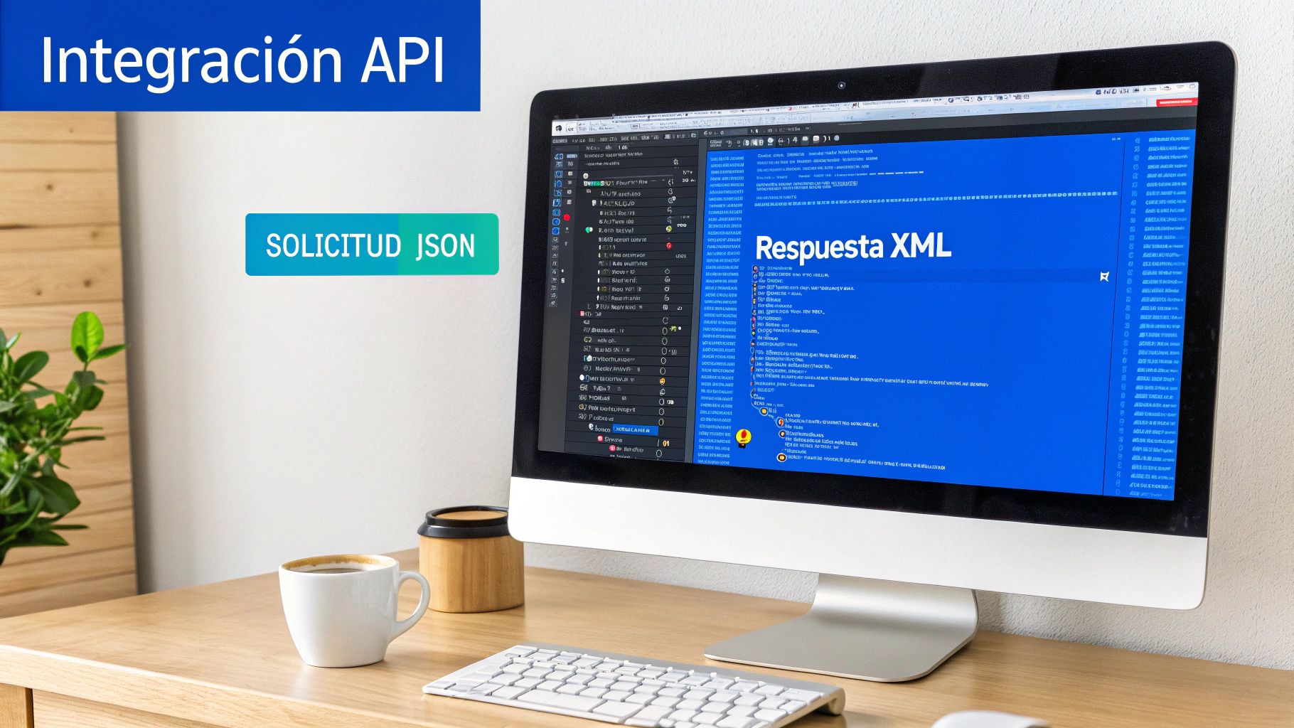 Computer screen with API integration, JSON request and XML response, on a modern desk.