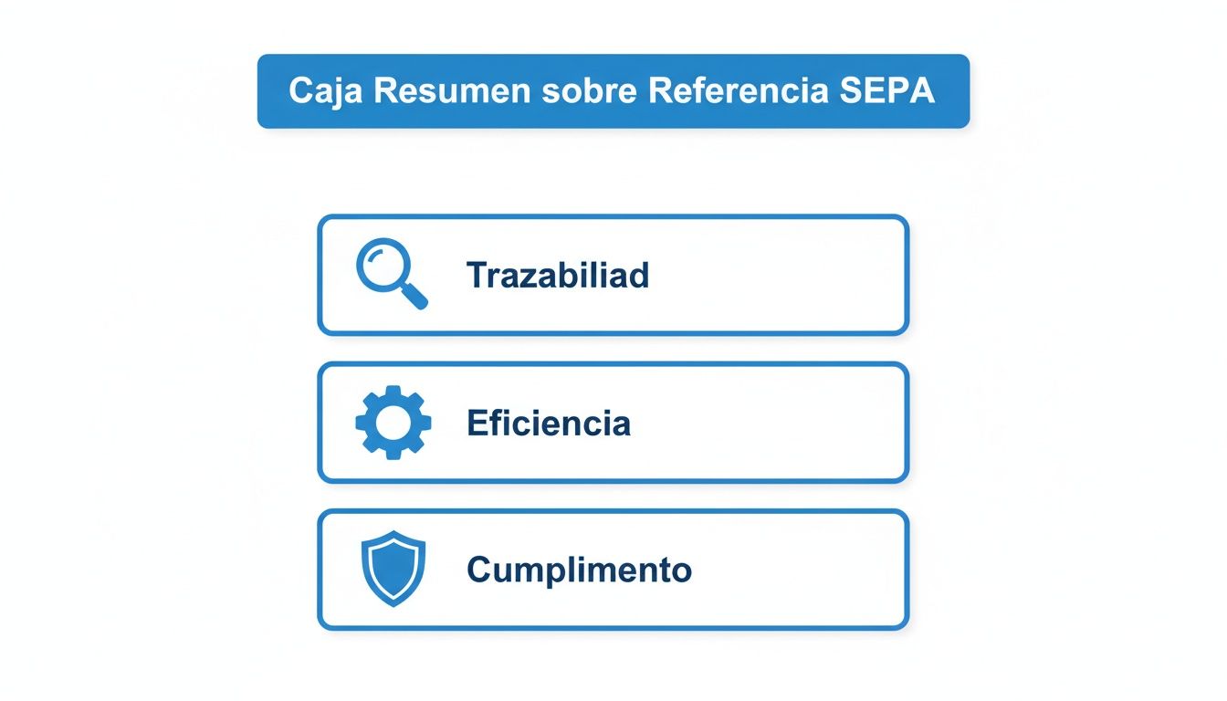 Caja resumen con las ventajas de la referencia SEPA: Trazabilidad, Eficiencia y Cumplimiento.