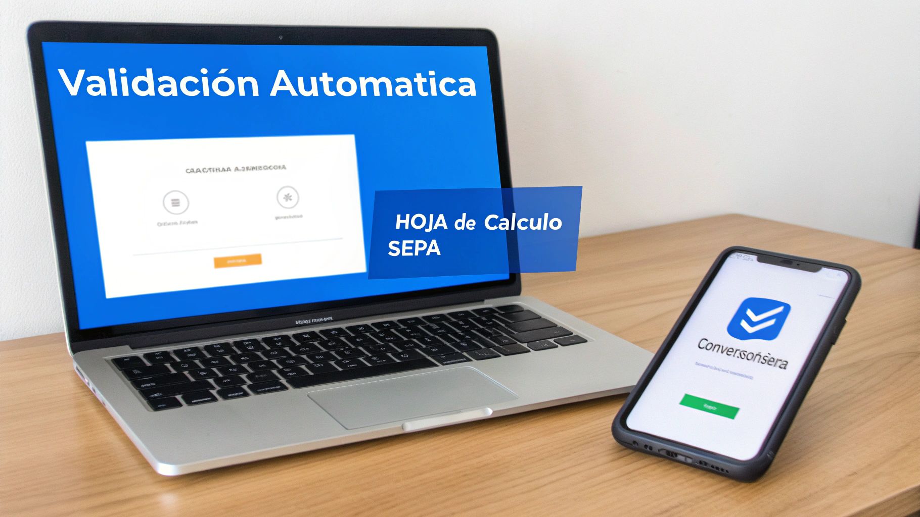 Portátil y smartphone en un escritorio, mostrando validación automática y hoja de cálculo SEPA.