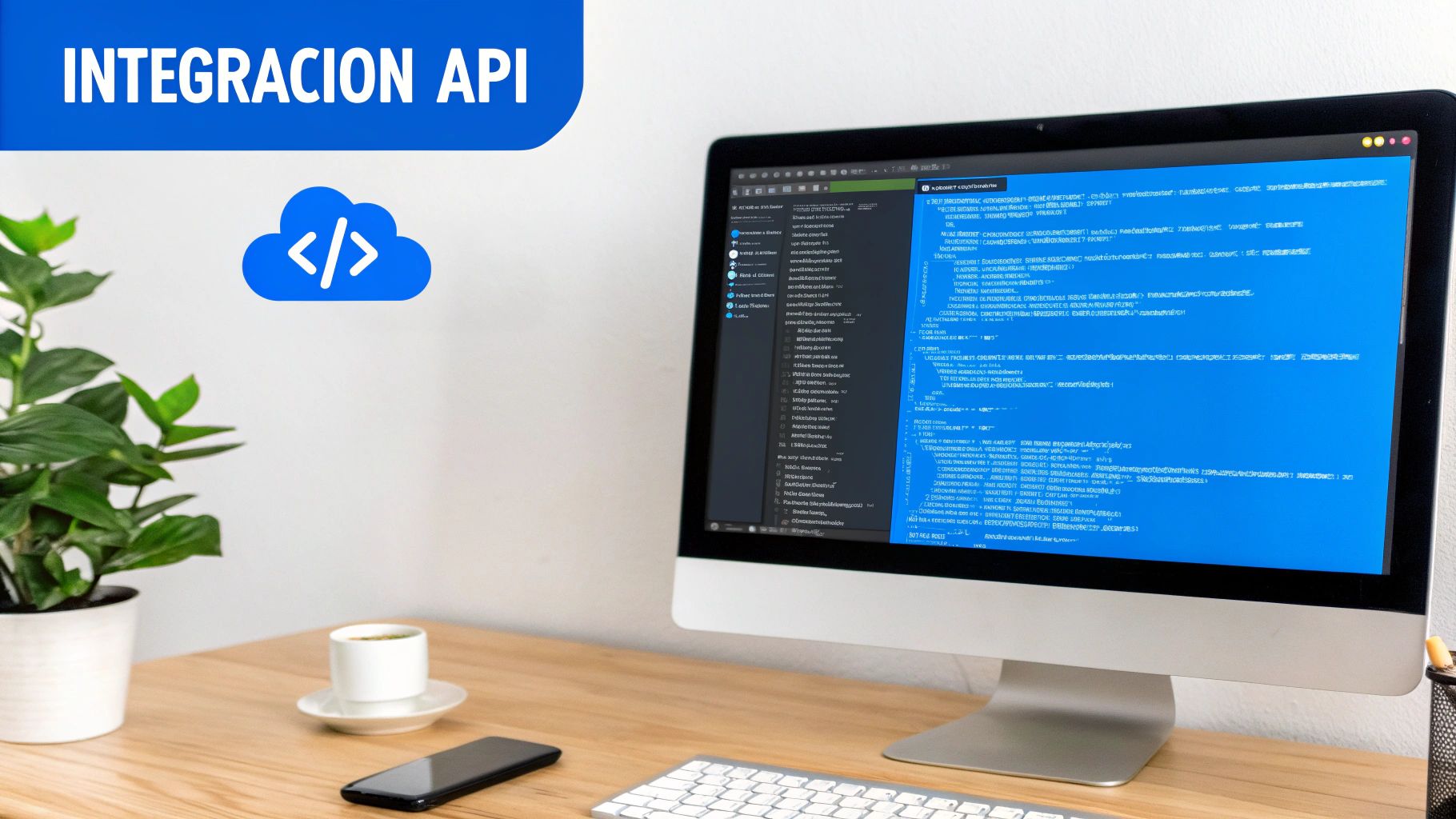 Mesa de trabajo con monitor mostrando código, planta, café y smartphone. Destaca "Integración API" en un banner azul con un icono de nube.