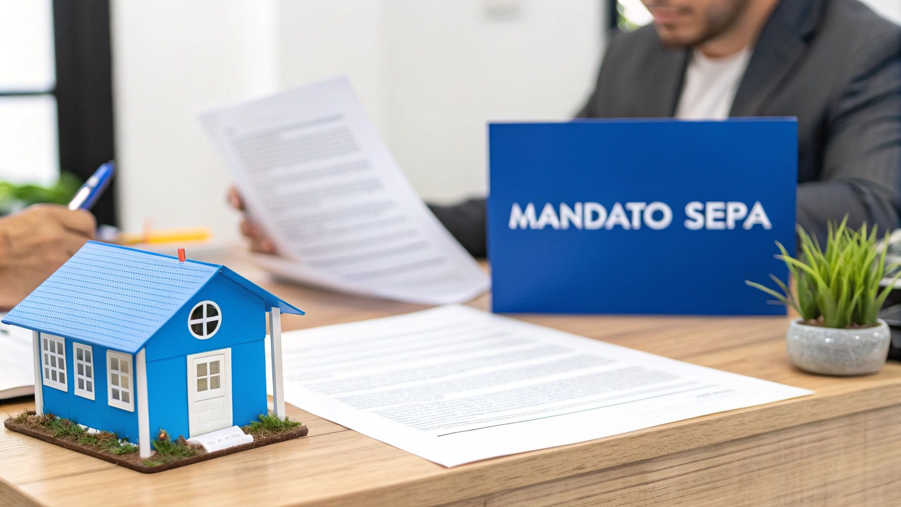 Miniatura de casa azul en un escritorio de madera con documentos y un letrero de 'MANDATO SEPA', sugiriendo temas financieros o inmobiliarios.