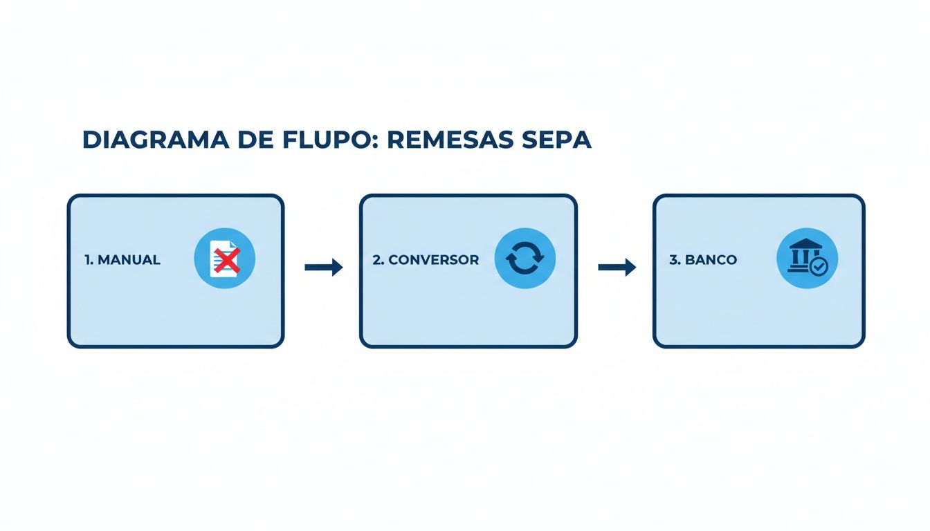 Diagrama de flujo de remesas SEPA, mostrando los pasos manual, conversor y banco con iconos.