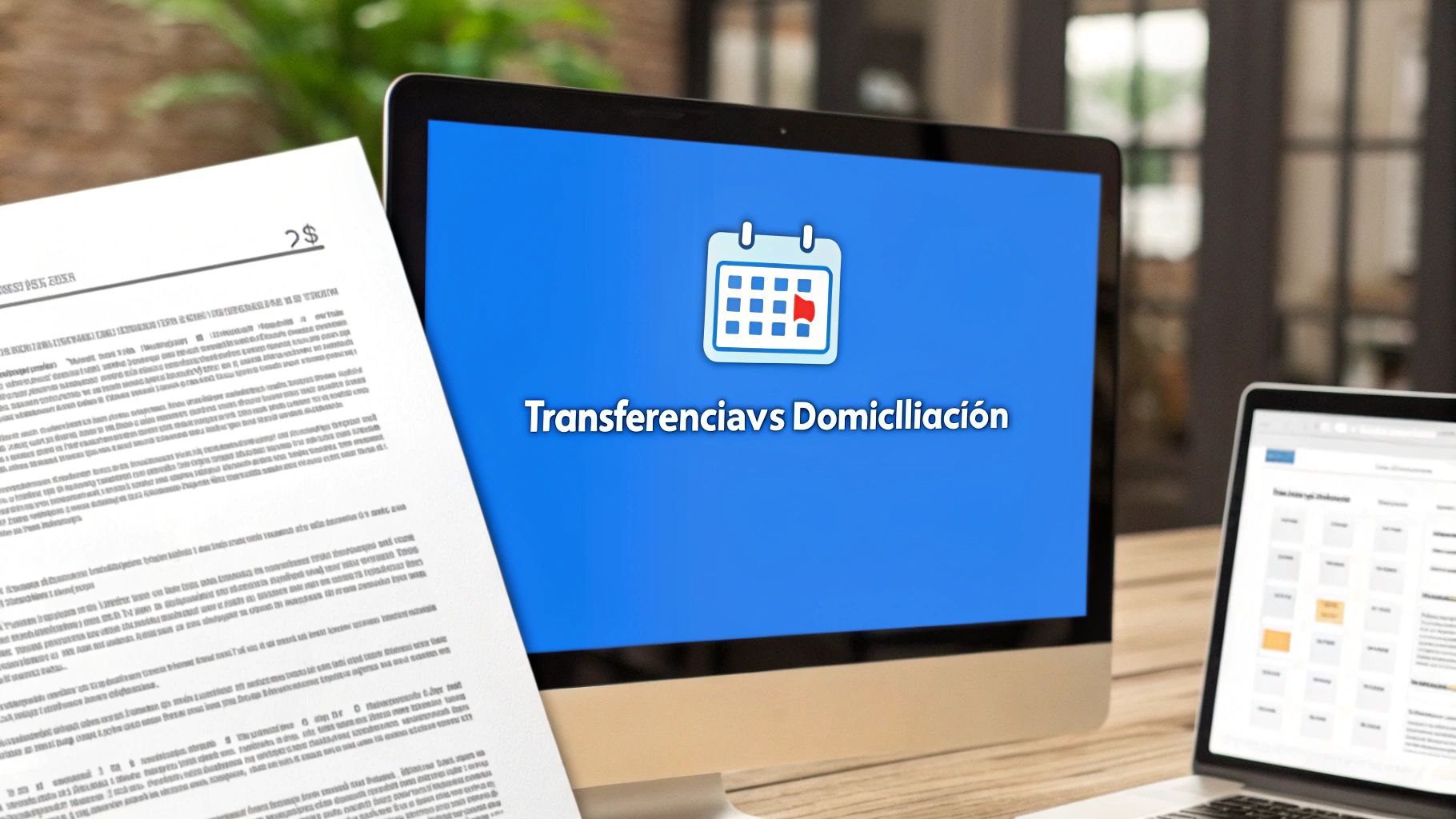 Computer screen showing 'Transfers vs Direct Debit' with calendar icon and financial documents.